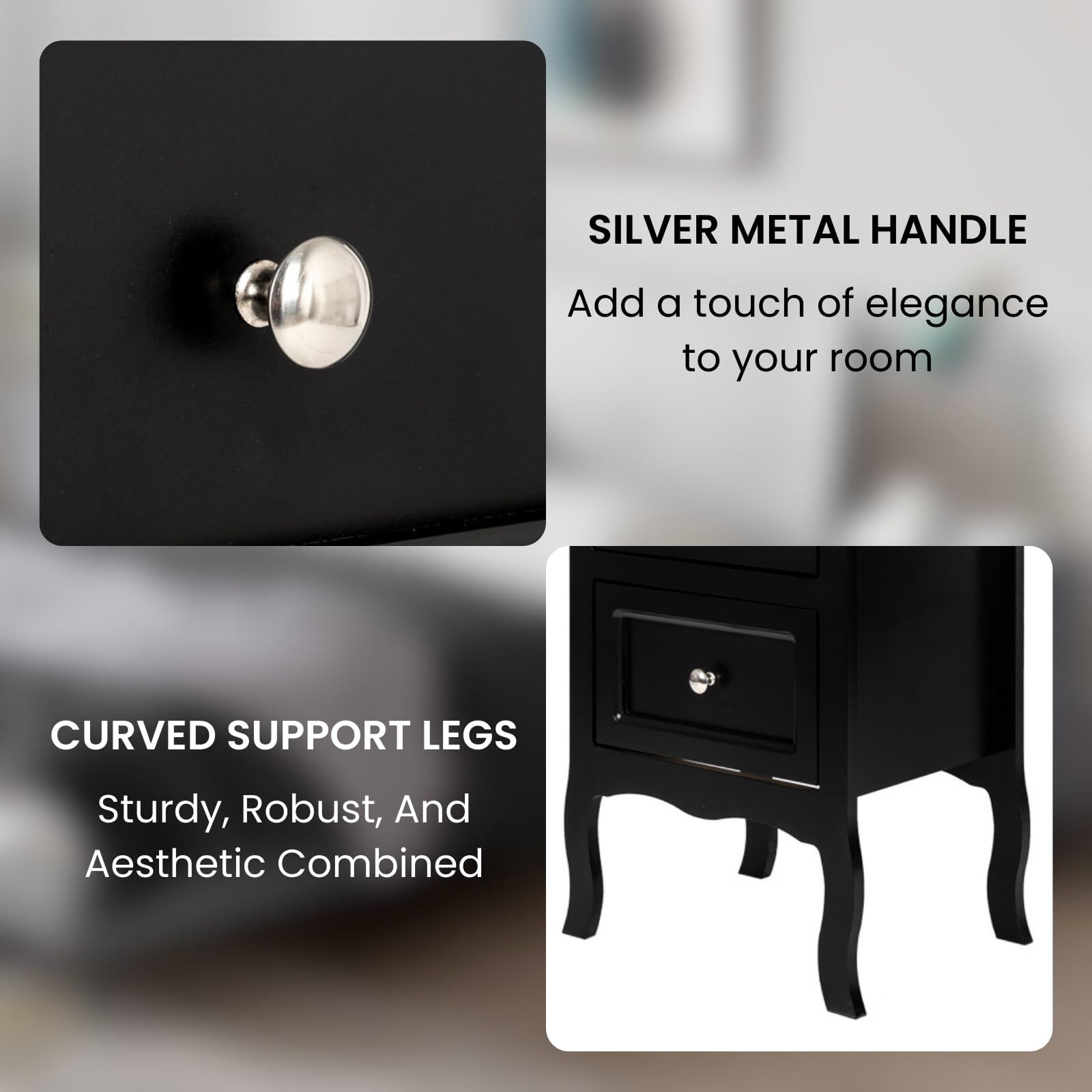 Karl Home Black Nightstand for Bedroom - 2 Drawer French Country Wooden Bedside Table with Curved Legs - Perfect for Bedroom, Living Room, Dorm & Guest Room