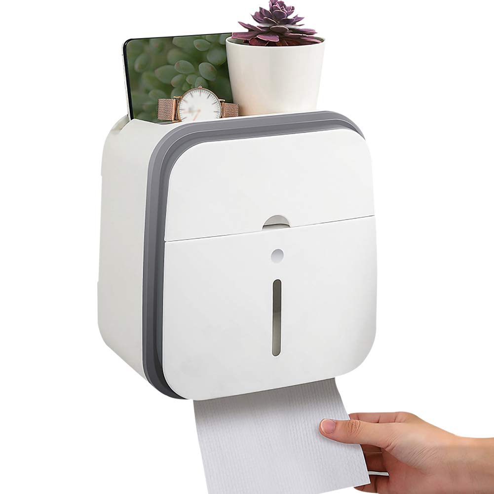 Wall-Mounted Adhesive Tissue Box Holder with Drawer - 2 Layer Multifunctional Bathroom Organizer for Toilet Paper Storage (Gray) - Perfect for Small Bathrooms, RVs & Space-Saving Home Organization