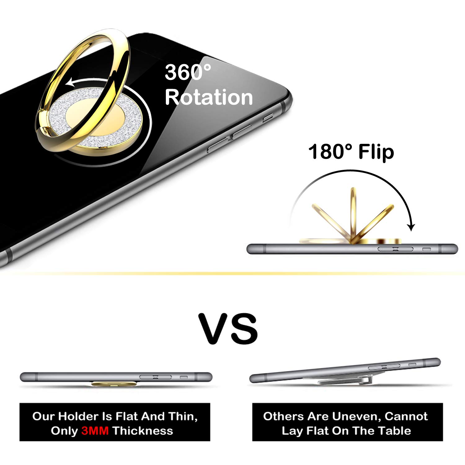 Cell Phone Ring Holder Stand with Adhesive Grip - Glitter Gold Phone Grip for iPhone, Samsung & Most Smartphones | Perfect for Hands-Free Viewing, Selfies & Secure Grip