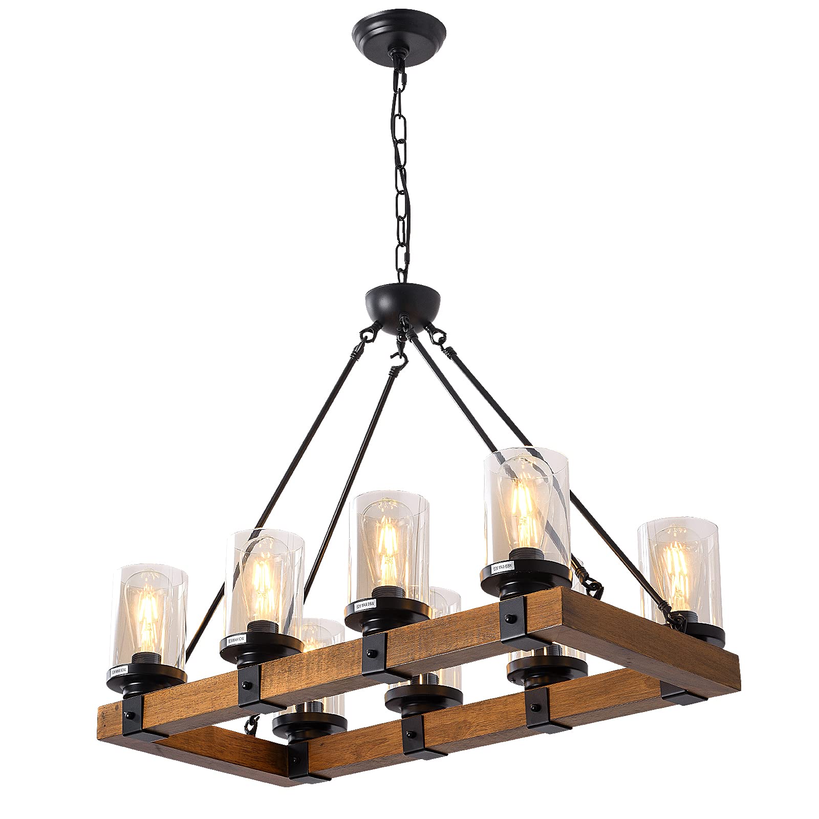 Vintage Wooden Farmhouse Rectangular Pendant Light with Glass Shade - Rustic Ceiling Lighting Fixture for Kitchen, Dining Room, Living Room, Balcony & Hallway | Perfect for Farmhouse, Industrial & Modern Home Decor
