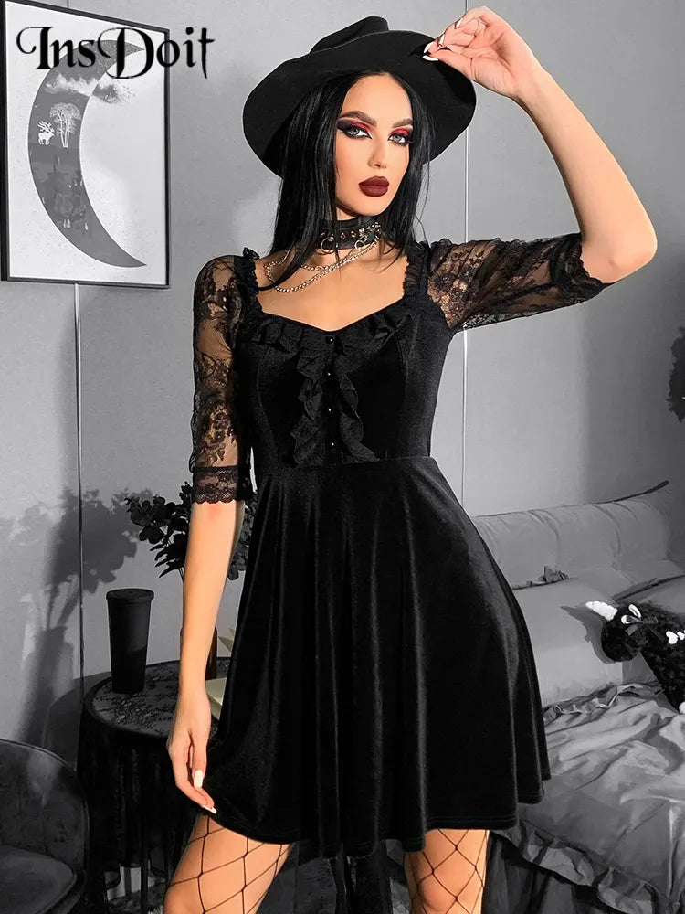 Gothic Velvet Black Summer Mini Dress for Women - Short Sleeve See-Through A-Line Party Dress with Backless Design | Sexy Clubwear, Night Out, Date Night, Halloween Costume