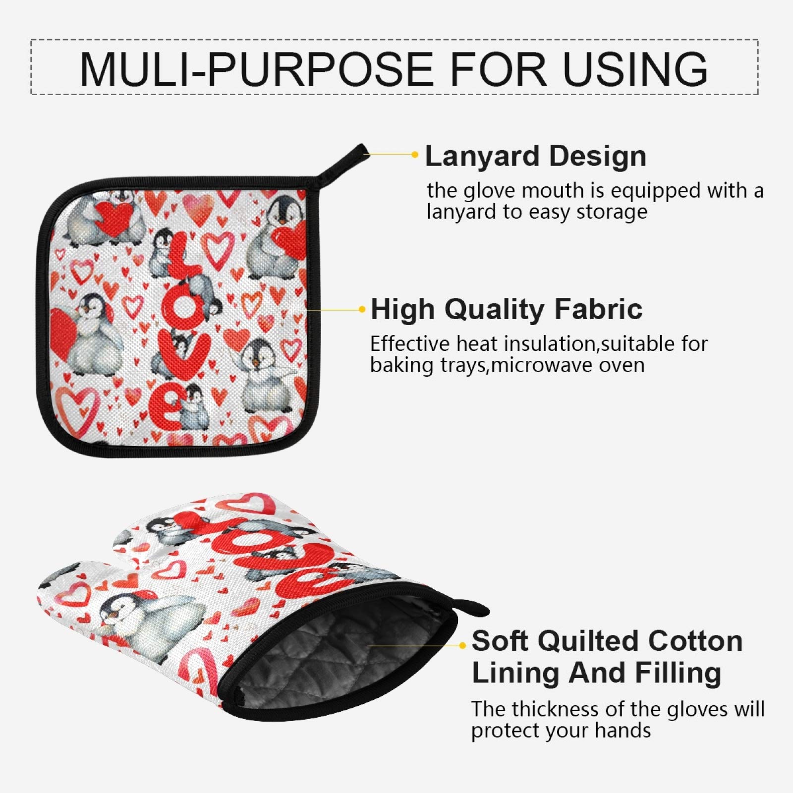 Cute Penguins Love Oven Mitts and Pot Holder Set - 2pcs Heat Resistant Non-Slip Kitchen Accessories for Women, Perfect for Cooking, Baking & BBQ | Mother's Day Gift Idea for Mom with Red Heart Design