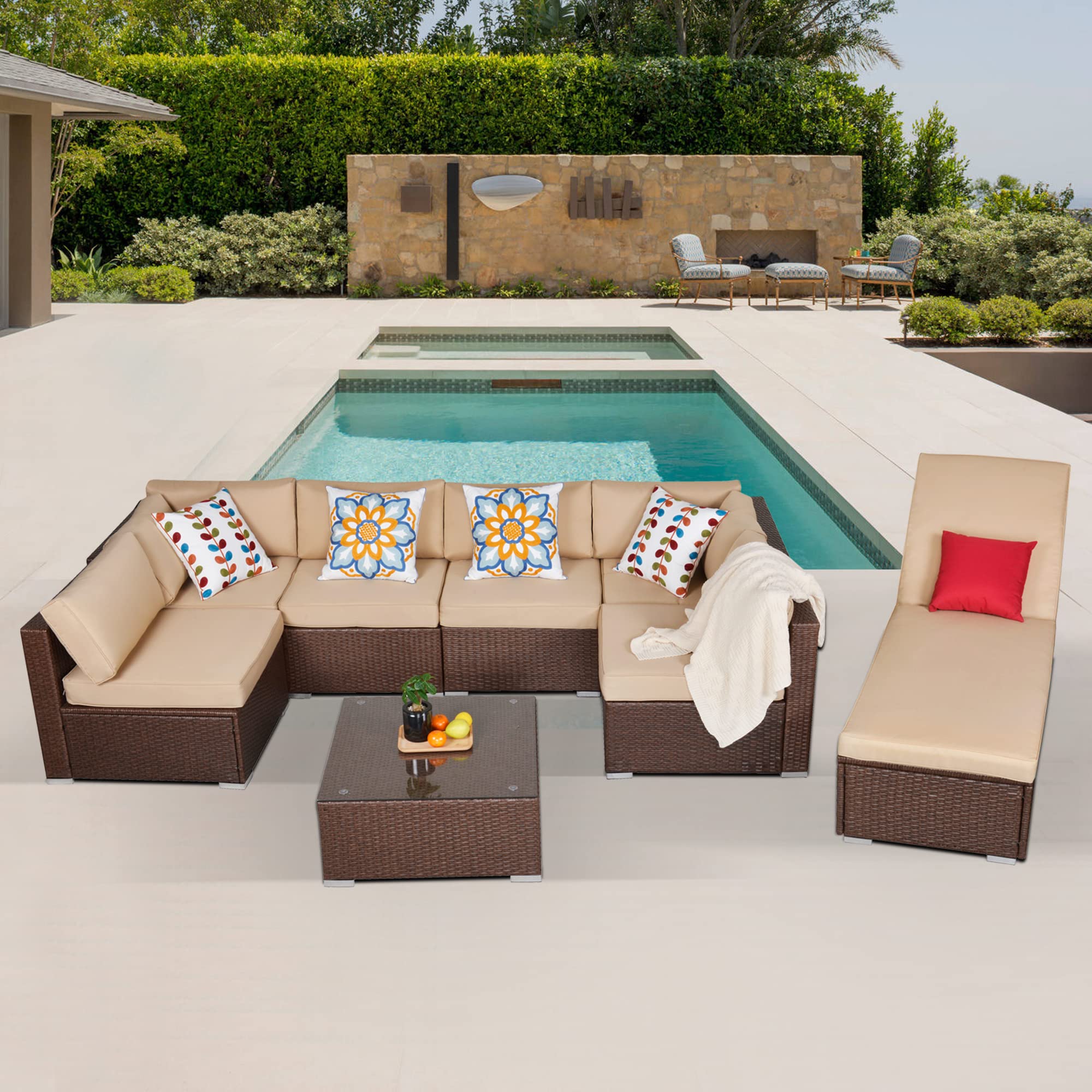 8-Piece All-Weather Wicker Patio Furniture Set with Chaise Lounge Chairs & Coffee Table - Outdoor Sectional Sofa Conversation Set in Beige - Perfect for Backyard, Poolside & Garden Relaxation