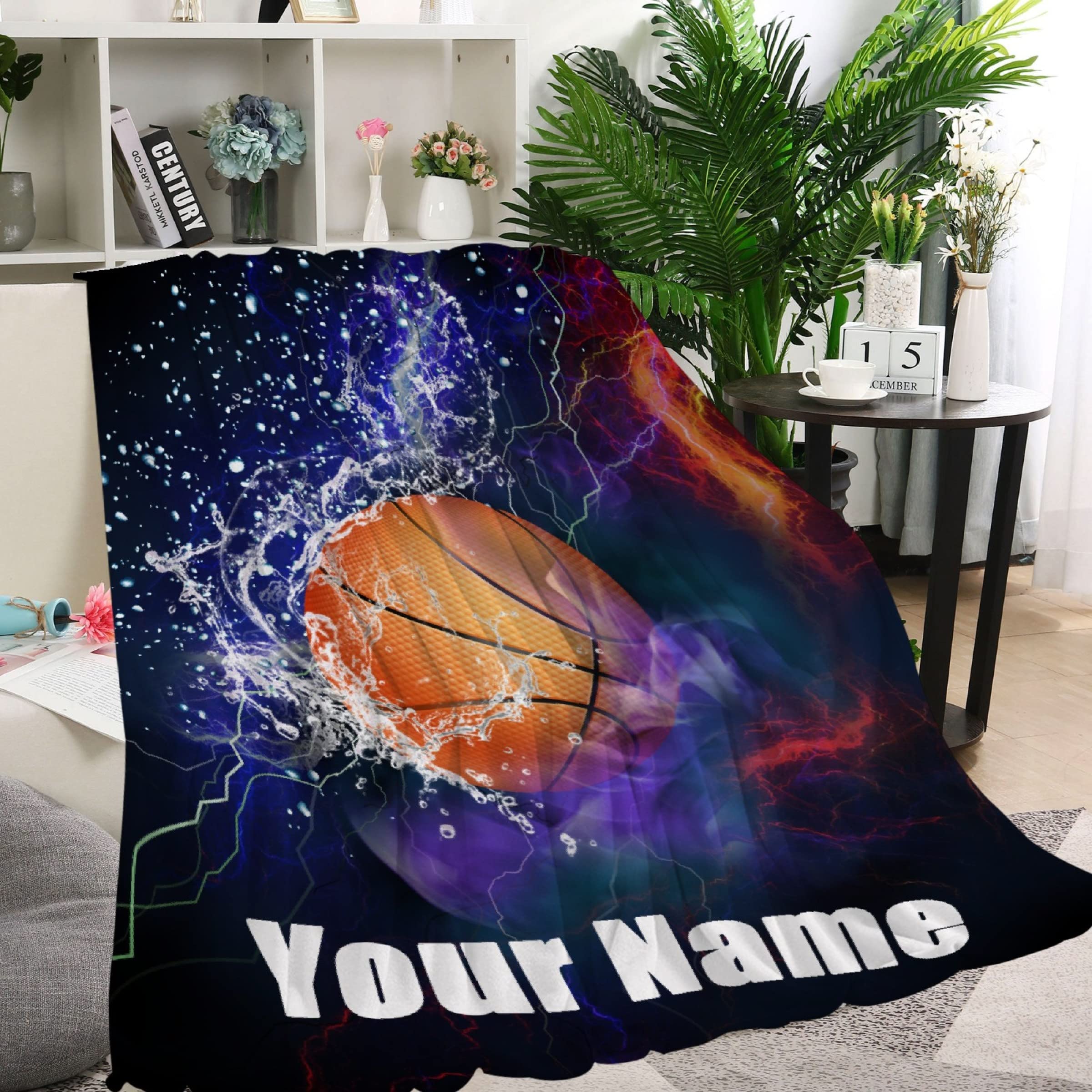 AMITAYUS Personalized Basketball Throw Blanket - Custom Name Fleece Blanket for Men, Boys & Sports Fans - Cozy Flannel Gift for Boyfriend, Birthday & Game Nights - Perfect for Bedroom, Sofa & Basketball Watching