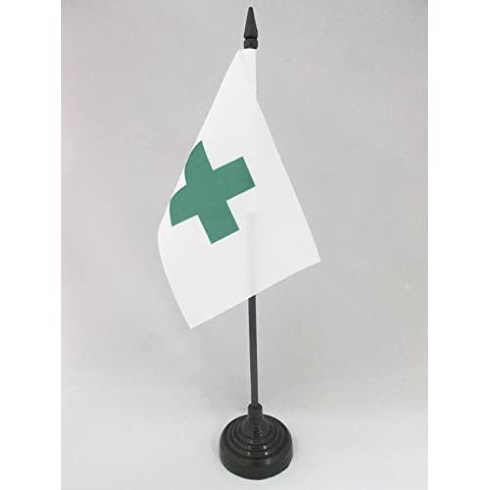 Green Cross International 4'' x 6'' Table Flag with Black Plastic Base | 15 x 10 cm Environmental Organization Desk Flag by AZ FLAG | Perfect for Office Decor, Events & Environmental Awareness Displays