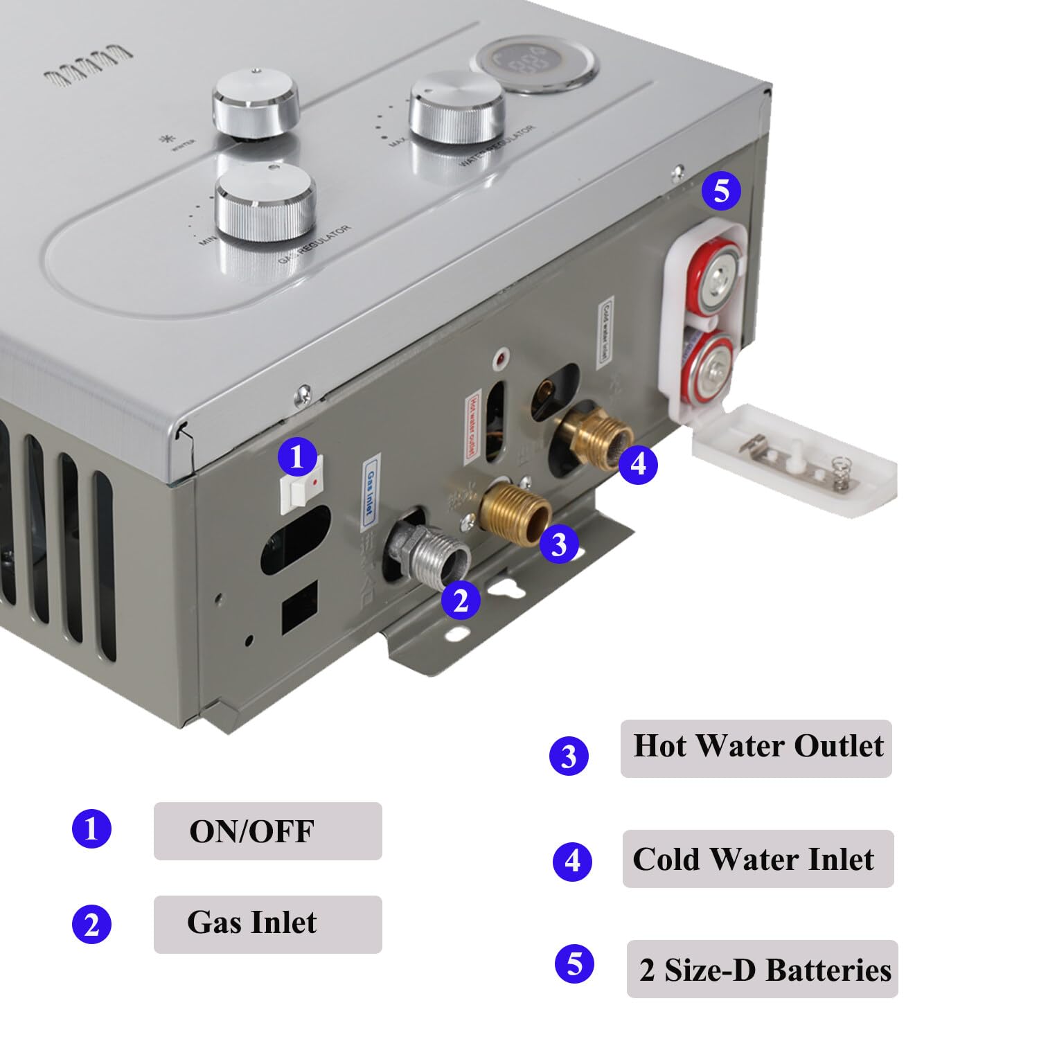 ECUTEE 12L 24KW LPG/Propane Gas Water Heater - Instant Tankless Gas Water Heater with Shower Kit for Outdoor Use, Silver - Perfect for Camping, RV, and Off-Grid Living