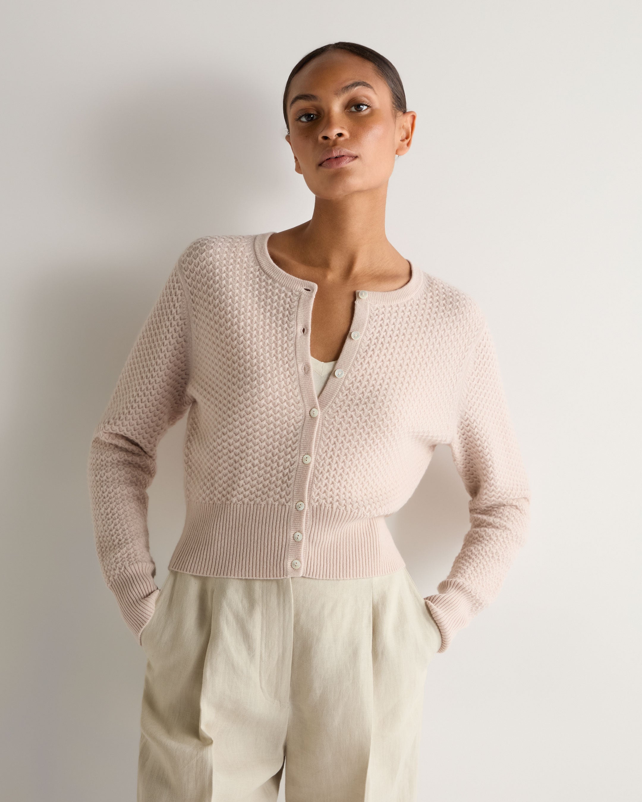 Luxury Women's Cashmere Cardigan - Soft Tuck Stitch Design in Dusk Pink | Perfect for Office Wear, Date Nights & Cozy Evenings