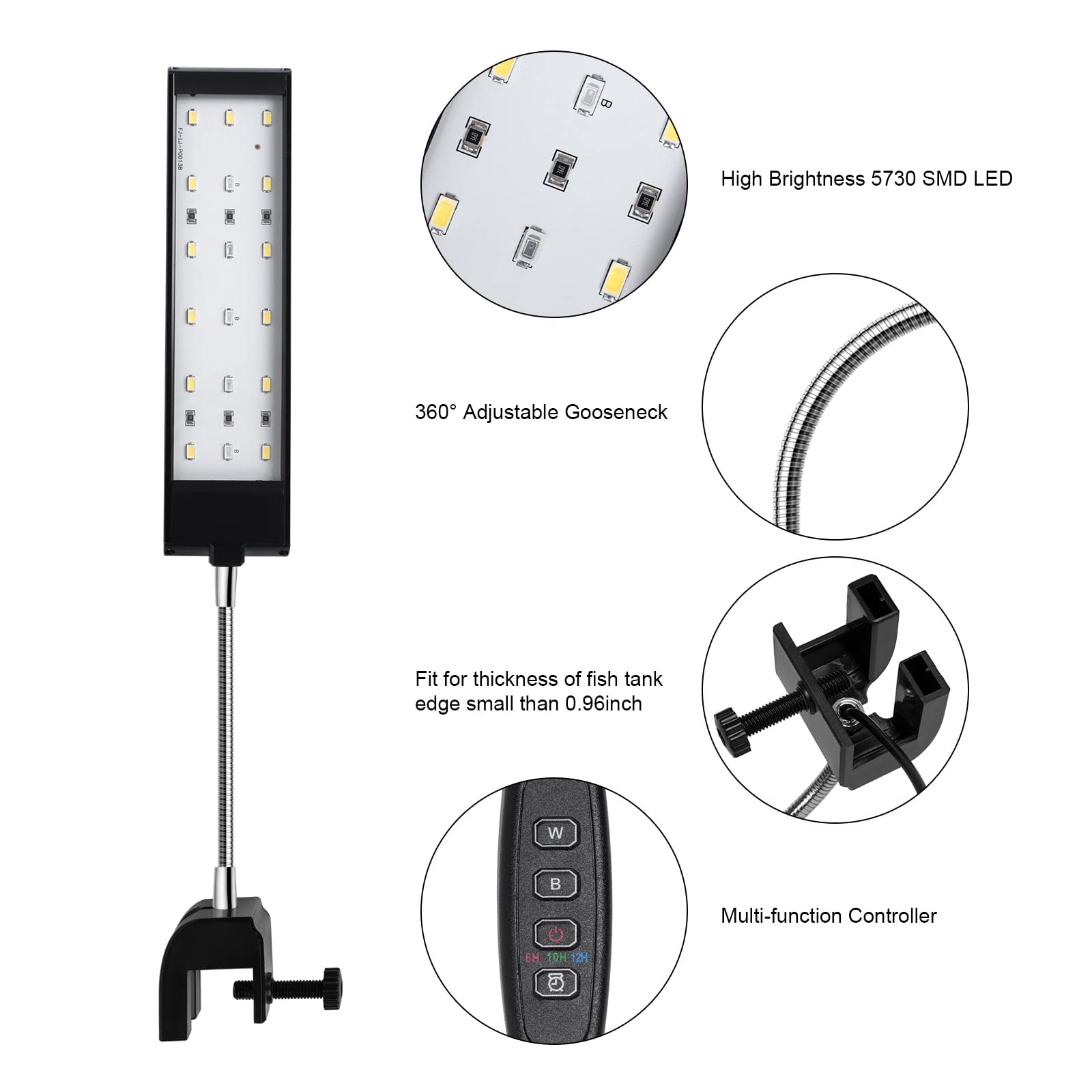 5 Gallon LED Aquarium Light with Timer & Dimmer - Clip-On Fish Tank Light for Plants, White Blue Red LEDs (7W) - Perfect for Small Aquariums & Nano Tanks