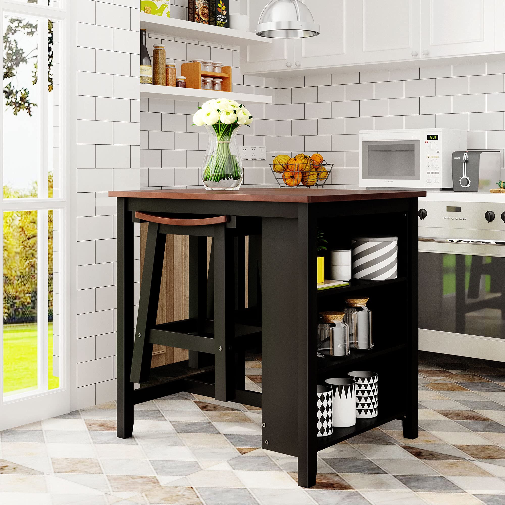 Compact 3-Piece Wooden Counter Height Dining Set with 2 Suspended Stools & 3-Tier Storage, Perfect for Small Spaces, Kitchen Nooks, and Cozy Apartments