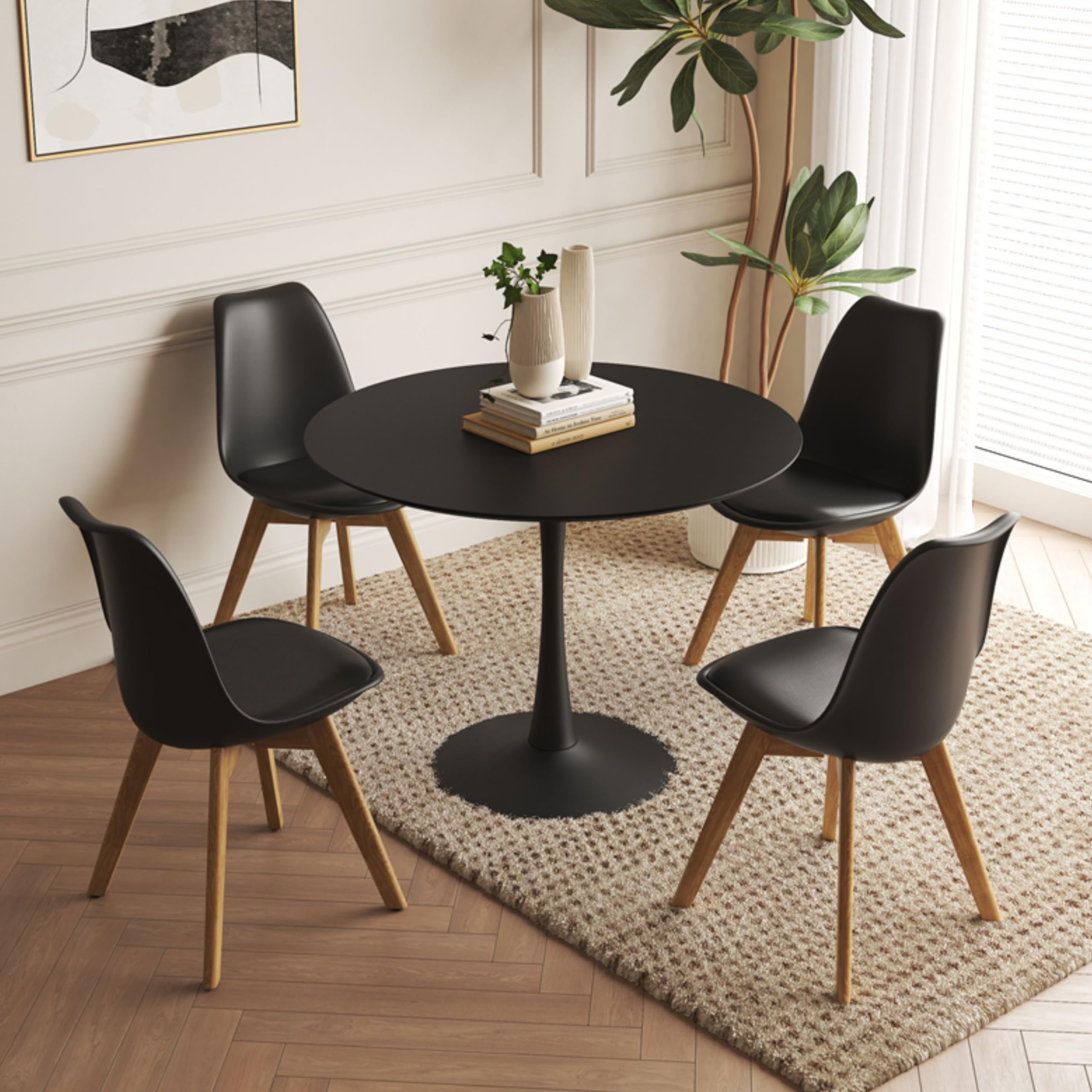 AYKAH 39.5 Inch Round Mid Century Modern Dining Table - Black Kitchen Table for Small Spaces with Solid Pedestal Base - Perfect for Breakfast Nooks, Cozy Apartments & 4-Person Family Dinners