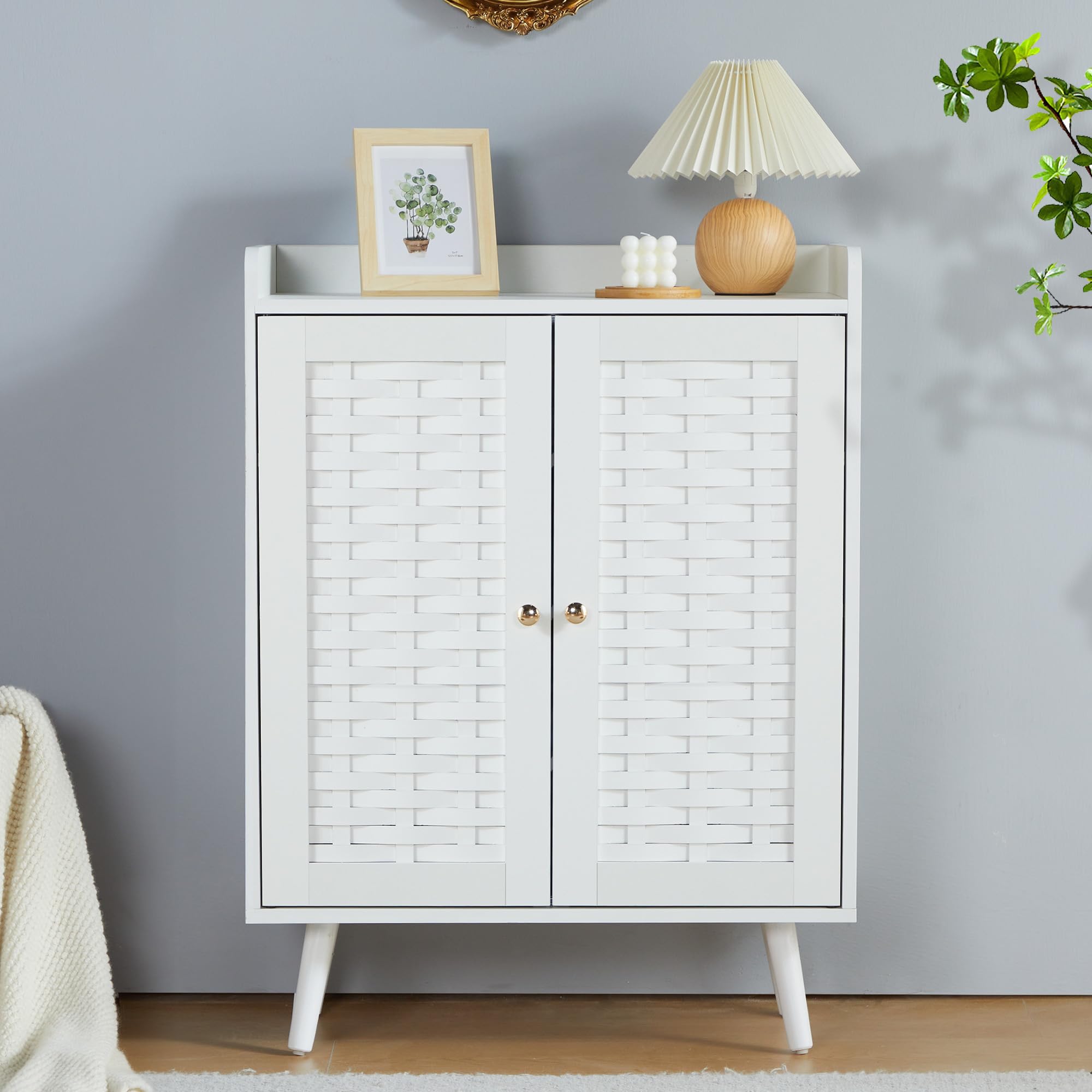 LEVNARY 5-Tier Shoe Storage Cabinet with Woven Doors & Adjustable Shelves - Wooden Shoe Organizer for Entryway, Hallway, Living Room - Space Saving Home Organization Solution (White) - Perfect for Small Apartments & Closet Storage