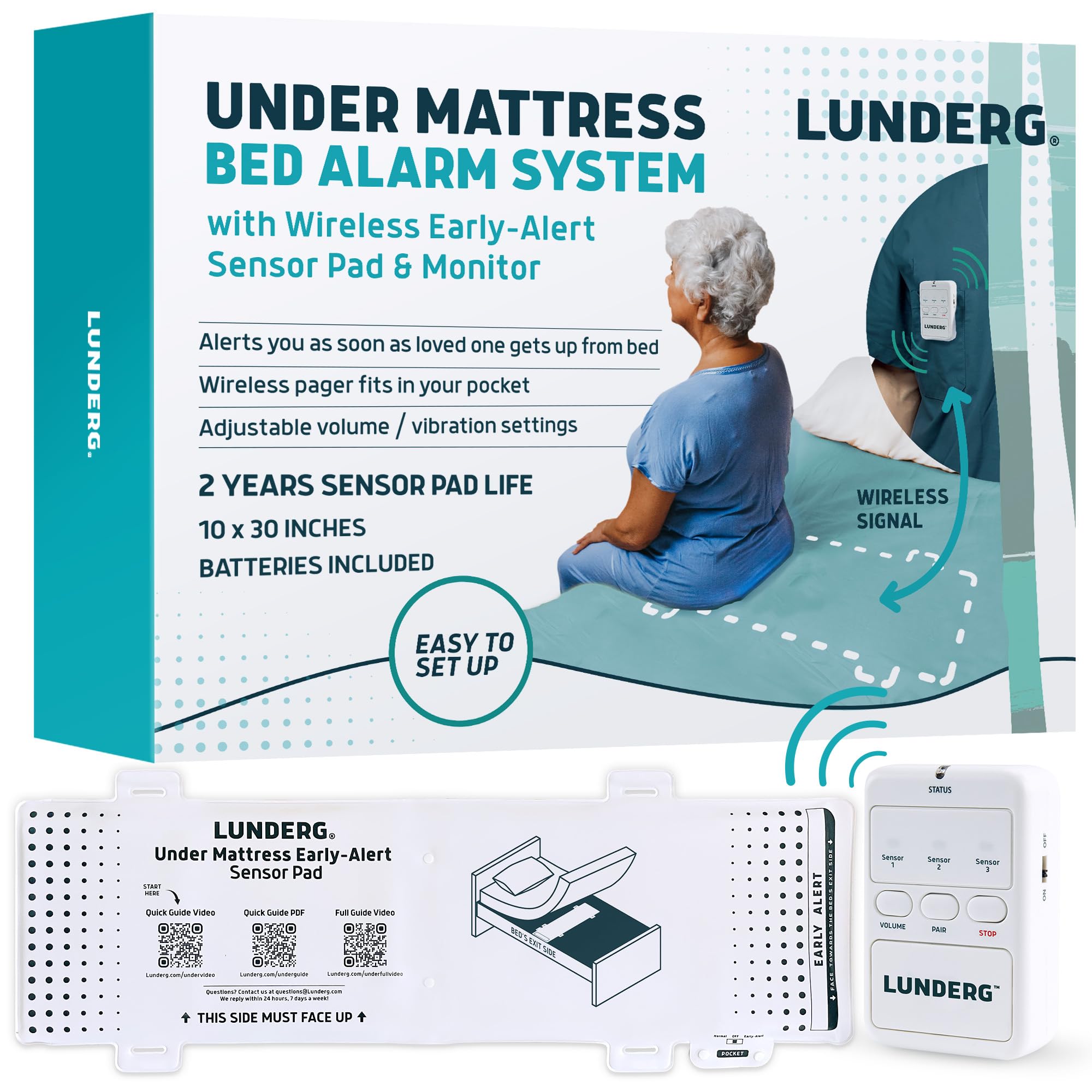 Lunderg Wireless Under Mattress Bed Alarm for Seniors - Fall Prevention Sensor Pad with Early Alert Pager System - Elderly Safety & Dementia Care Device - Low False Alarms - Ideal for Nursing Homes & Home Care Use