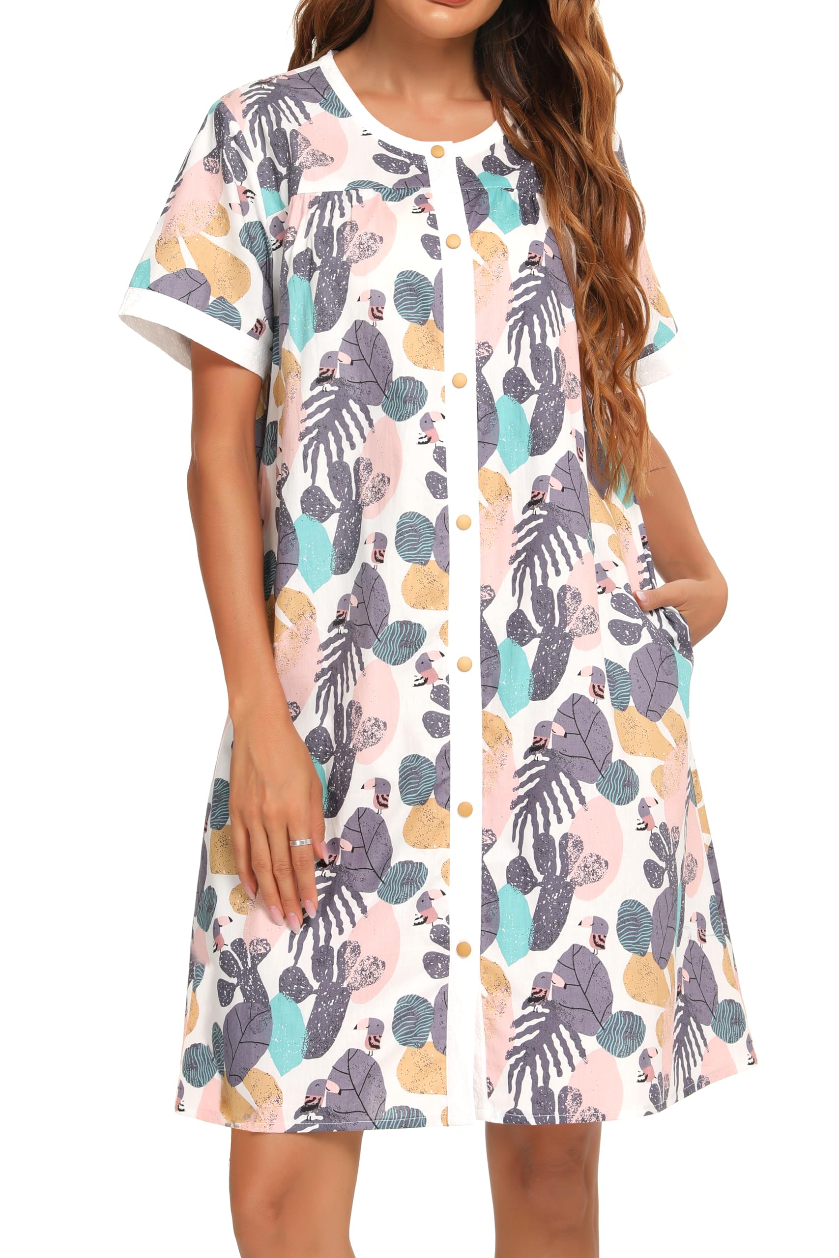 YOZLY Women's Short Sleeve House Dress - Comfortable Cotton Duster Robe with Pockets | Perfect for Lounging, Morning Coffee & Relaxing at Home