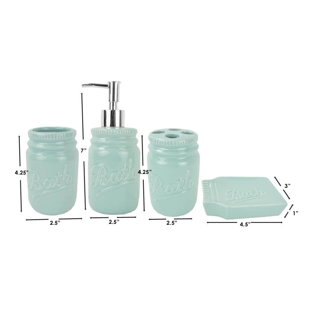 4-Piece Ceramic Mason Jar Bathroom Set in Mint - Modern Farmhouse Style Toothbrush Holder, Soap Dispenser, Cotton Swab Jar & Tumbler - Perfect for Bathroom Organization and Rustic Home Decor