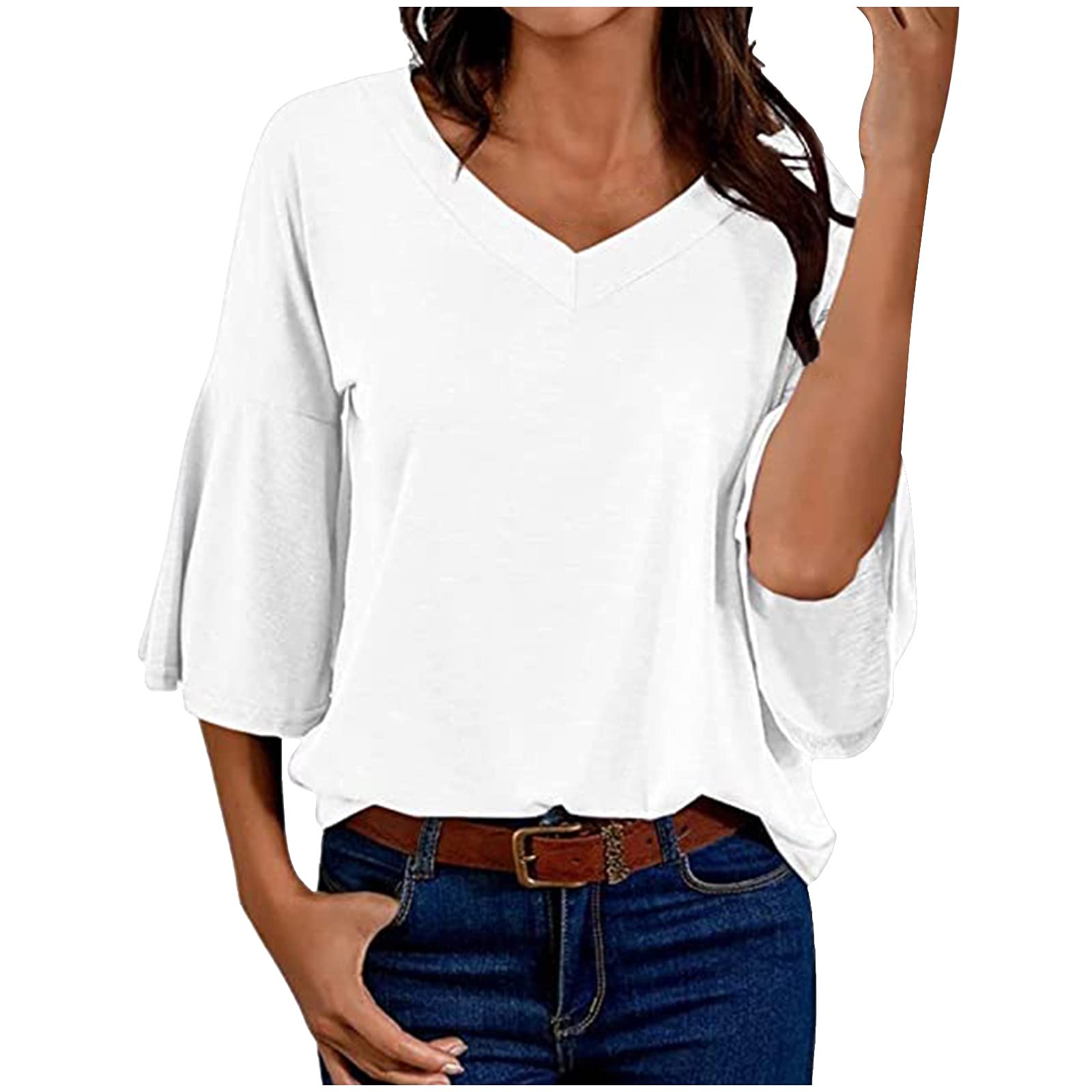 Women's Summer 3/4 Sleeve V-Neck T-Shirts - Casual Loose Fit Comfortable Blouse with Side Split | Perfect for Beach Outings, Weekend Wear & Vacation Essentials