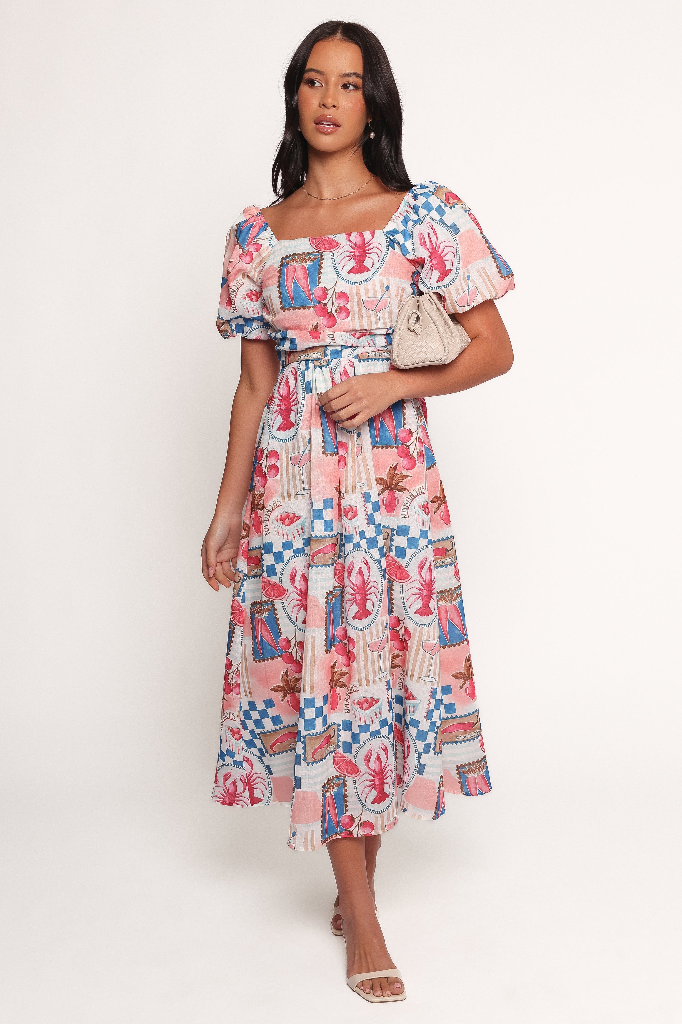 Elegant Clo Puff Sleeve Midi Dress in Pink & Blue - Flowy Summer Dress for Women, Perfect for Weddings, Parties & Date Nights