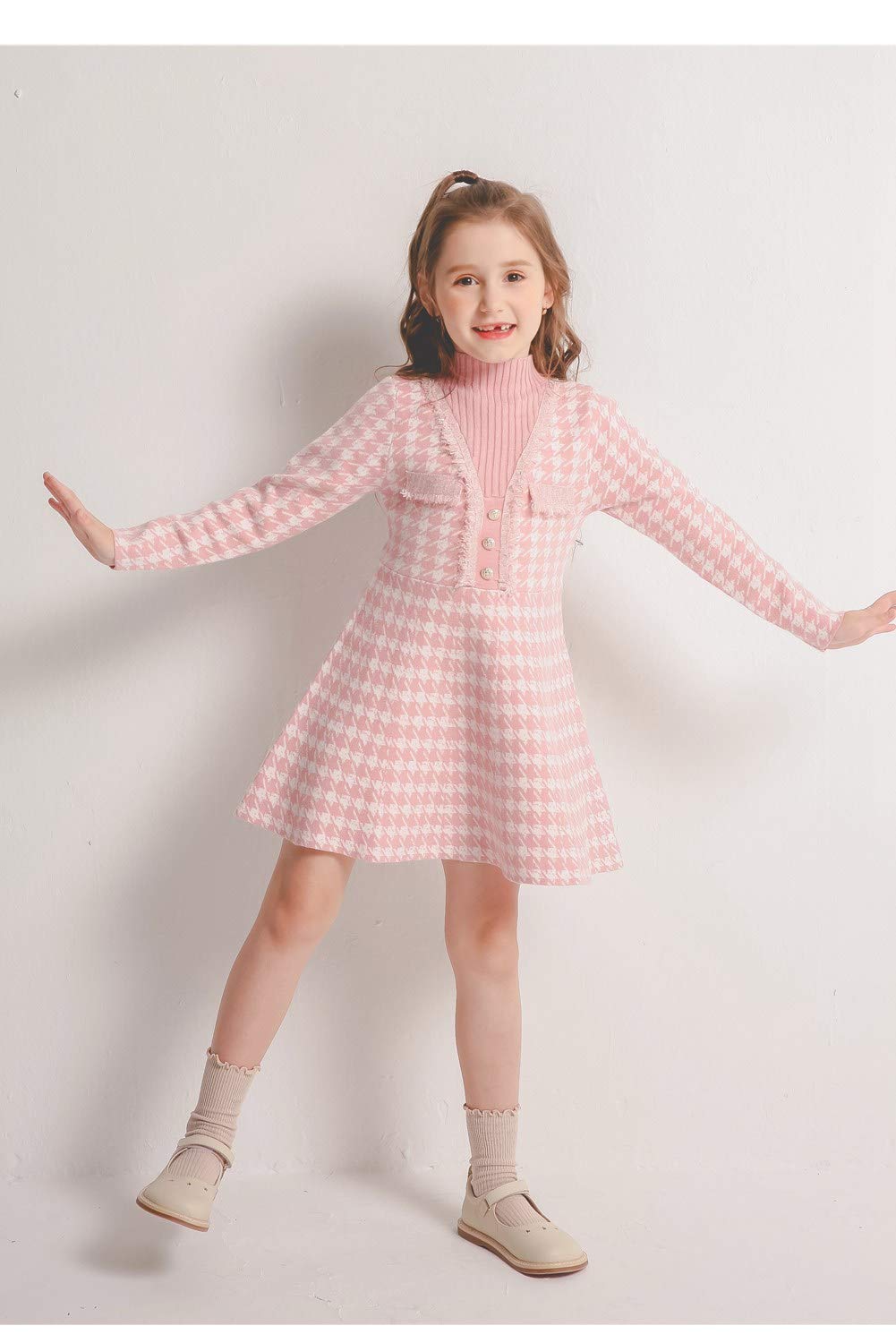 SMILING PINKER Girls Winter Knit Dress - Houndstooth Pattern Mock Neck Flare Sweater Dress for Toddler & Kids - Perfect for Christmas, Holiday Parties & Family Photos