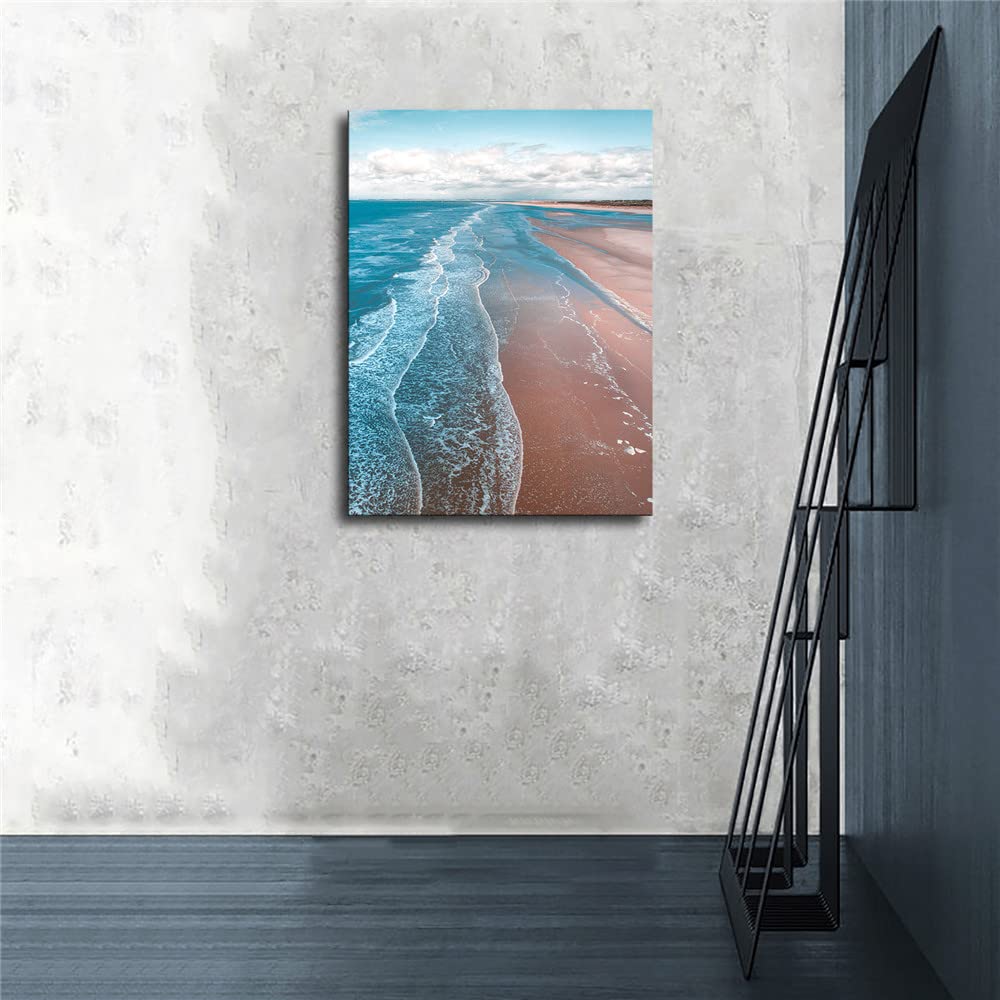 Blue Sea Sunset Beach Painting on Canvas - Framed Wall Art Decor (24x36 inch/60x90 cm) for Living Room, Bedroom & Office | Coastal Seascape Mural Prints