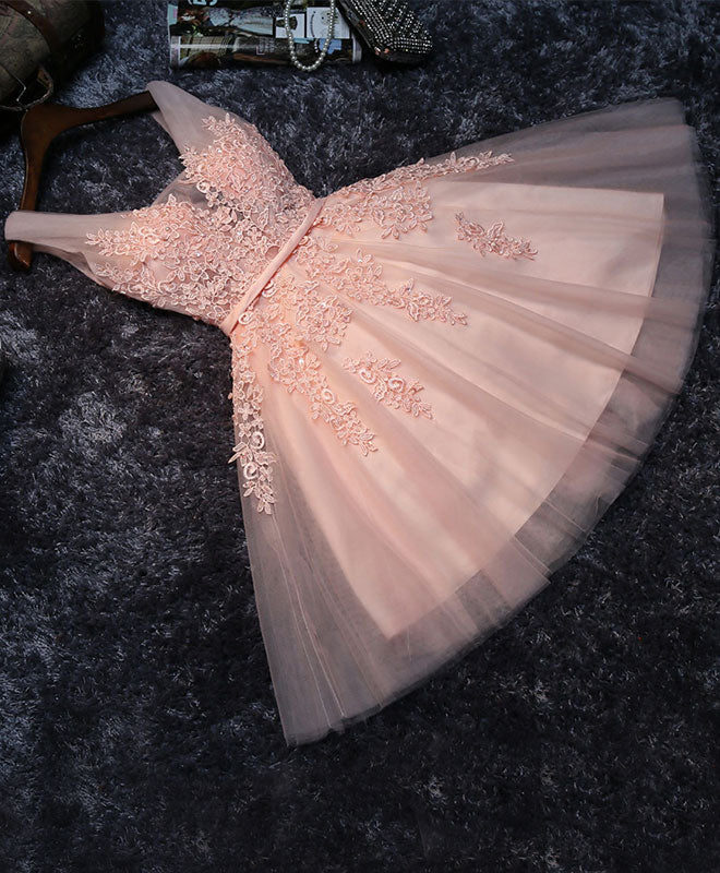 Elegant Pink V-Neck Tulle Lace Short Prom Dress for Homecoming, Party, and Special Occasions | Flirty Cocktail Dress for Teens and Juniors