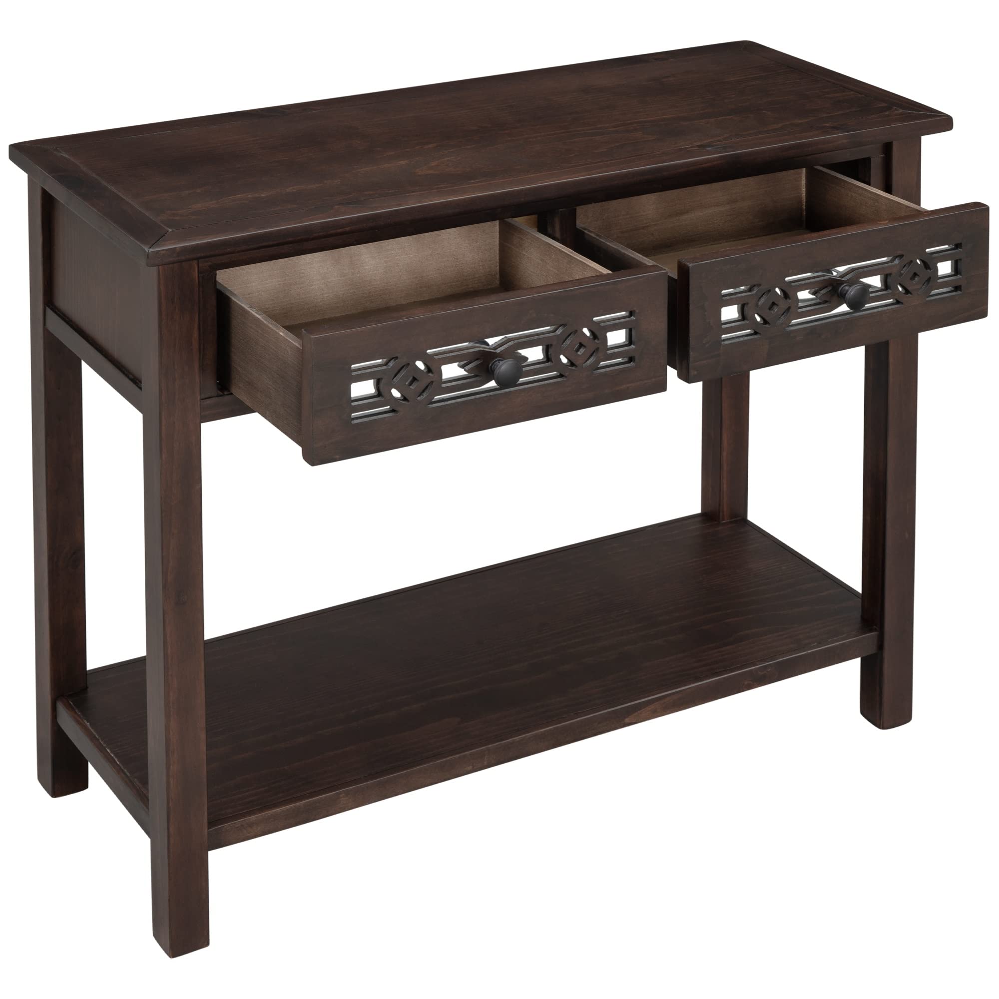 Classic Espresso Console Table with Hollow-Out Design, 2 Drawers & Open Shelf - Perfect for Entryway, Hallway & Living Room Decor