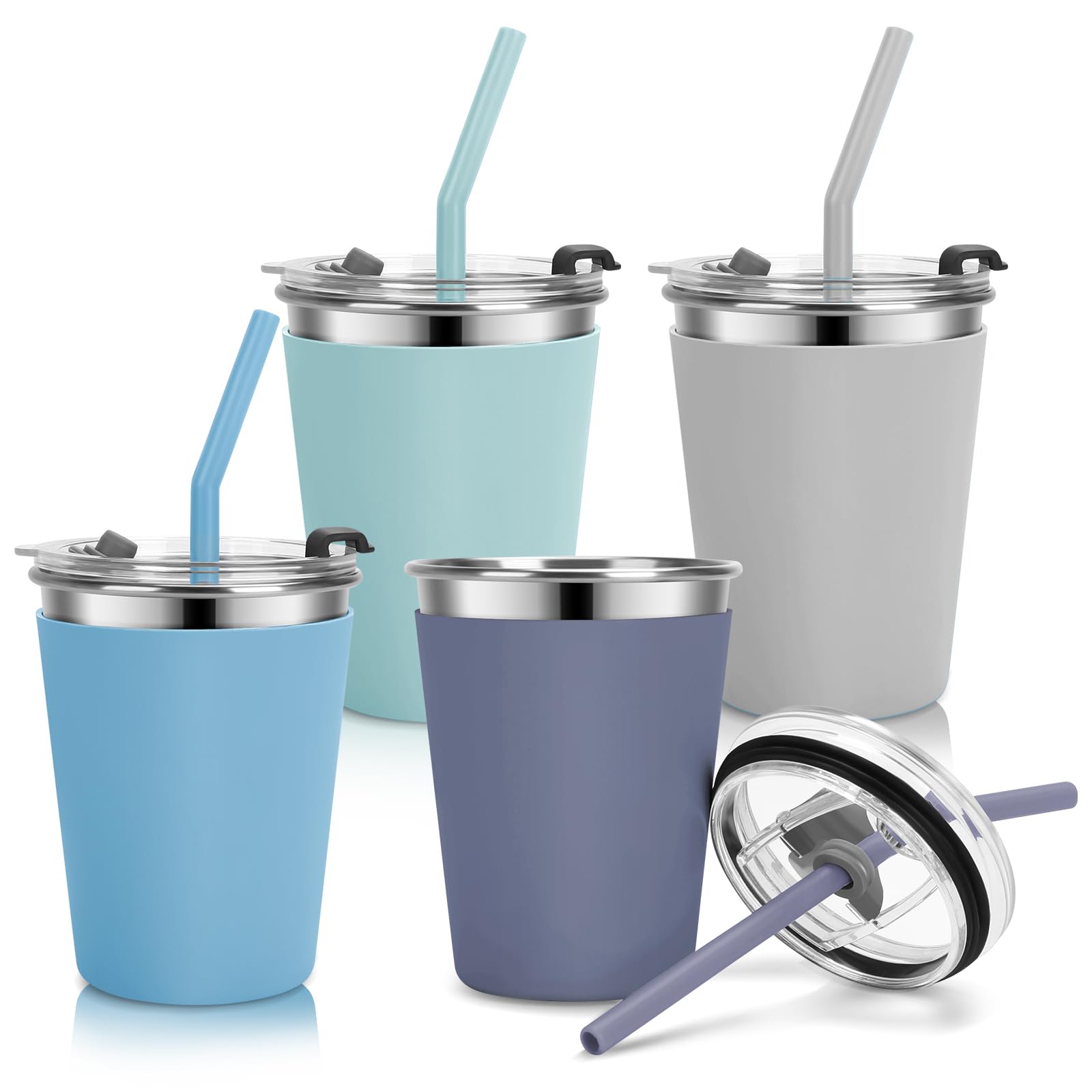 Stainless Steel Kids Cups with Straws & Lids - 12oz Leak Proof Sippy Cups for Toddlers 1-3 Years, Spill Proof Travel Cups for Home, School, Outdoor Activities - Perfect for Juice, Milk & Smoothies (4 Pack)