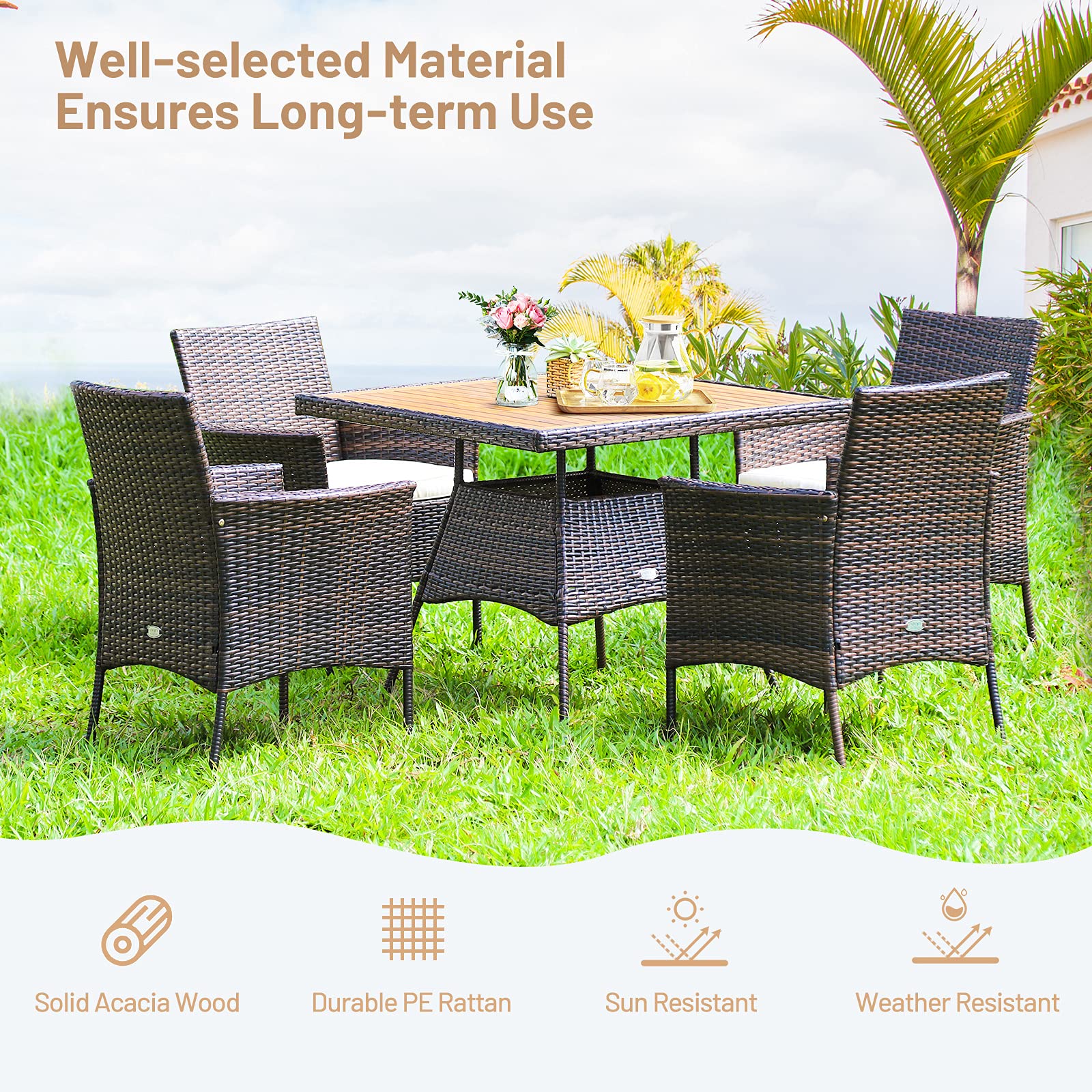 Tangkula 5-Piece Wicker Patio Dining Set - Acacia Wood Outdoor Furniture with 4 Arm Chairs & 1 Table, Rattan Conversation Set with Cushions & Umbrella Hole - Perfect for Backyard, Garden, Porch, Poolside & Outdoor Entertaining