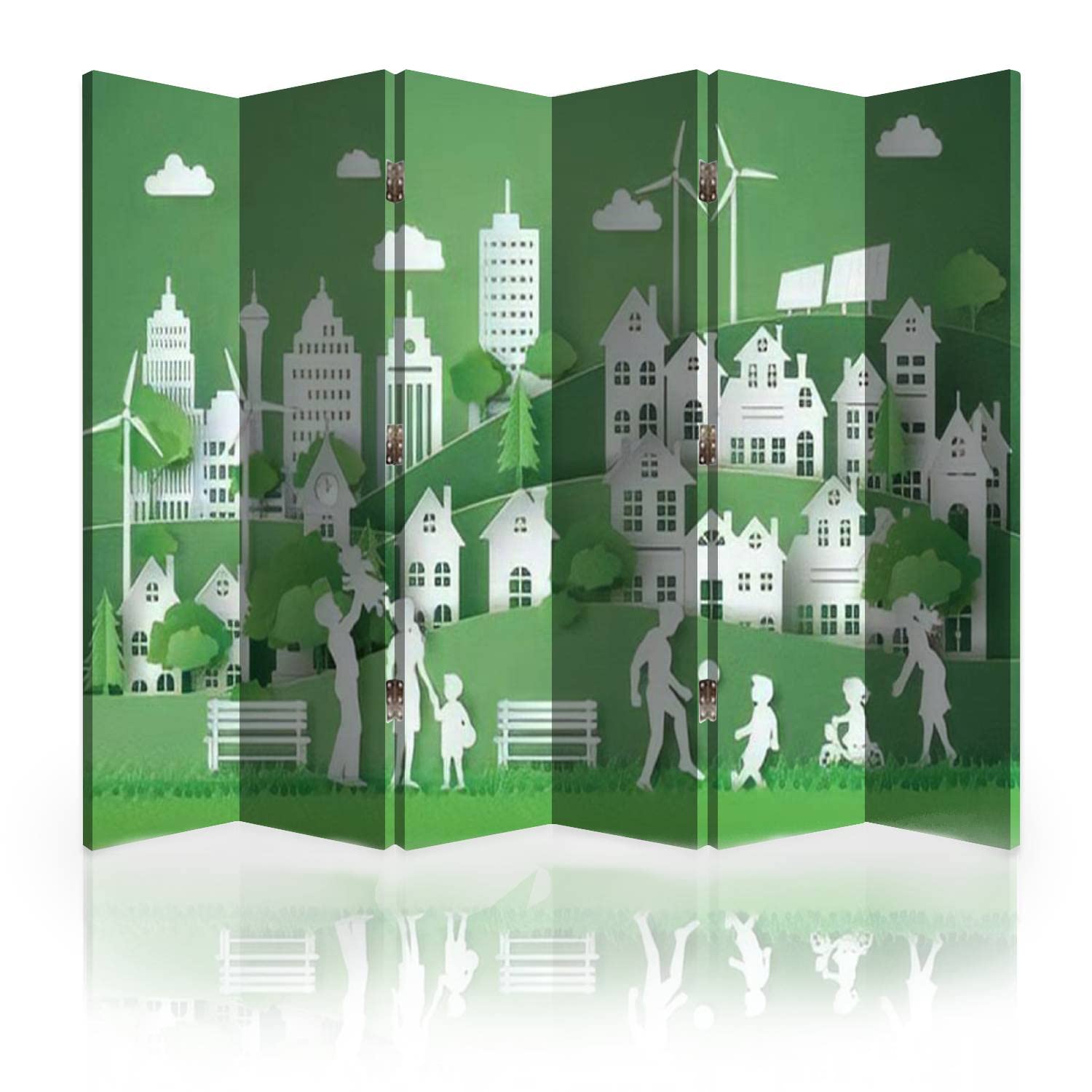 Eco-Friendly 6-Panel Canvas Room Divider Screen with Happy Family Paper Art - Foldable Privacy Partition for Bedroom, Office & Living Space | World Environment Day Inspired Home Decor