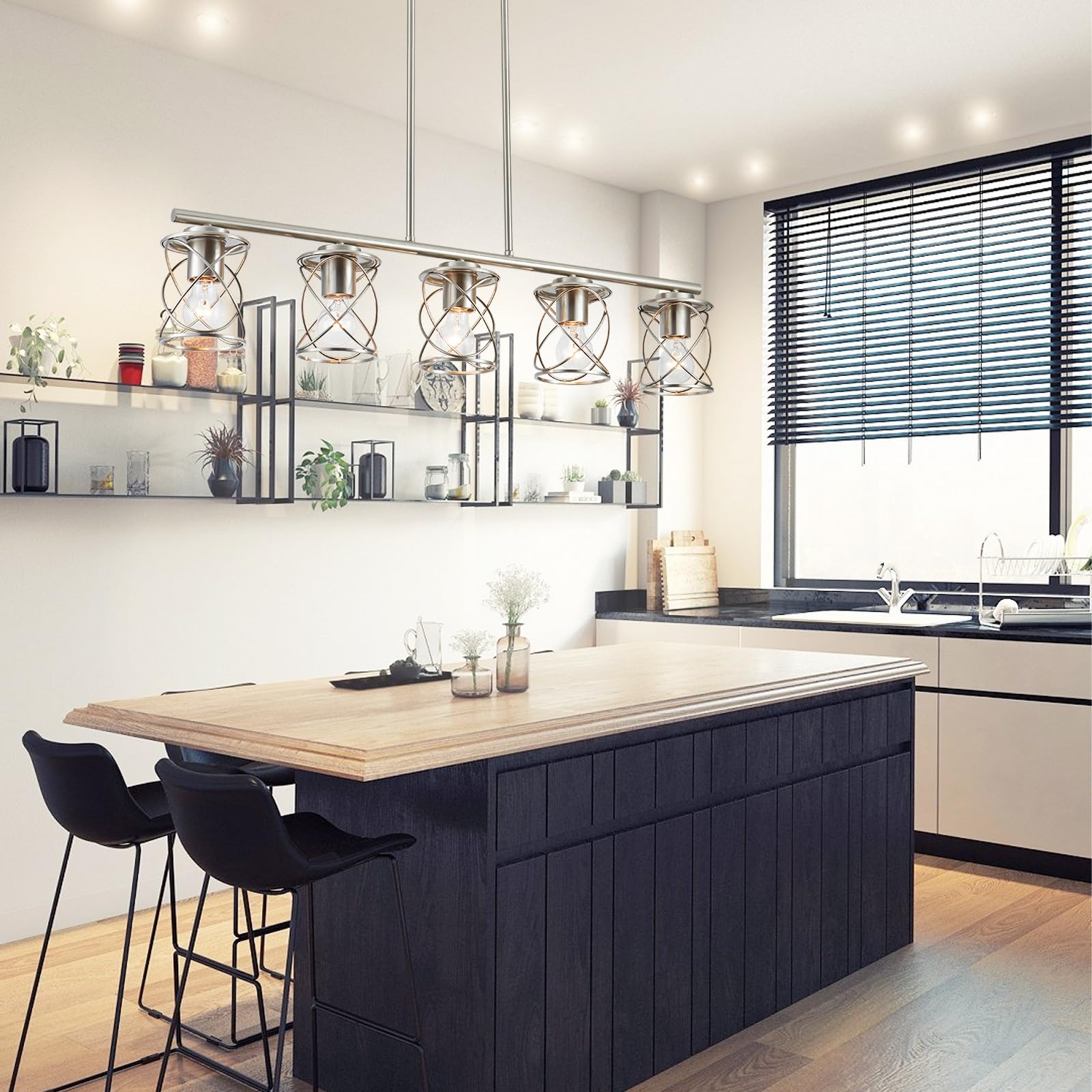 5-Light Farmhouse Linear Pendant Light - Adjustable Brushed Nickel Kitchen Island Lighting Fixture for Dining Room, Living Room & Breakfast Nook | Perfect for Modern Farmhouse Decor & Open Concept Spaces