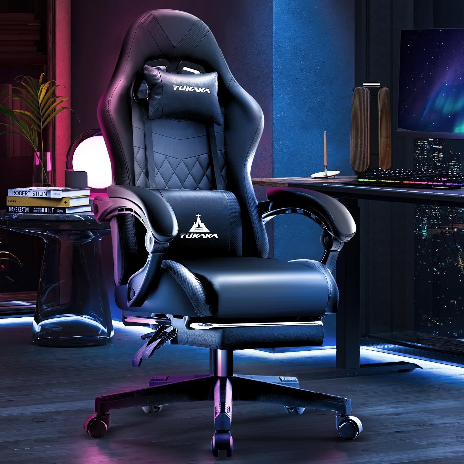 Premium Ergonomic Gaming Chair with Massage, Footrest & Adjustable Lumbar Support - Reclining Leather Office Desk Chair for PC Gamers - Perfect for Esports, Streaming & Long Work Sessions - Black