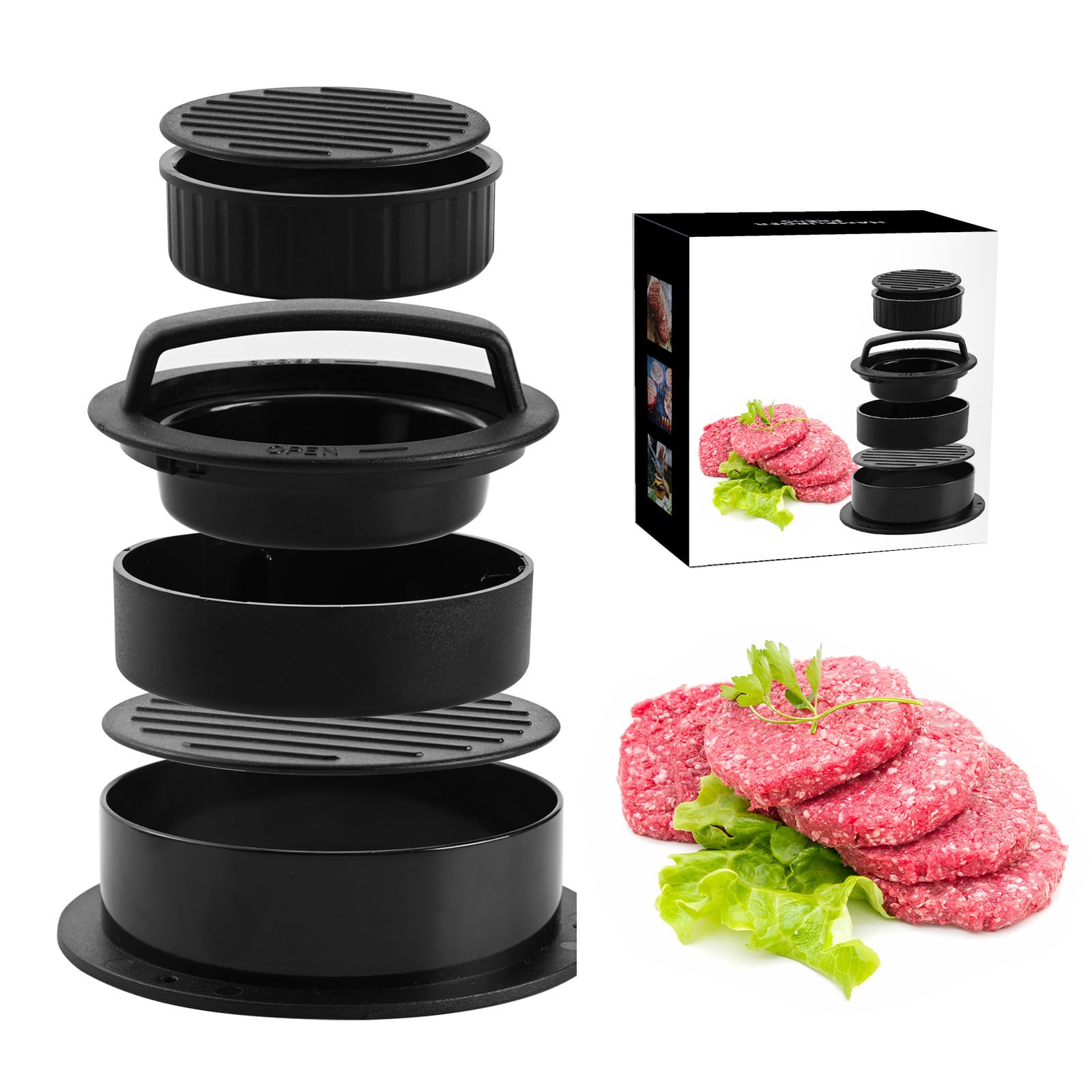 BINGONE 3-in-1 Burger Press - Hamburger Patty Maker & Stuffed Burger Press for BBQ, Grilling, and Home Cooking (1 Piece) - Perfect for Backyard BBQs, Picnics, and Family Gatherings