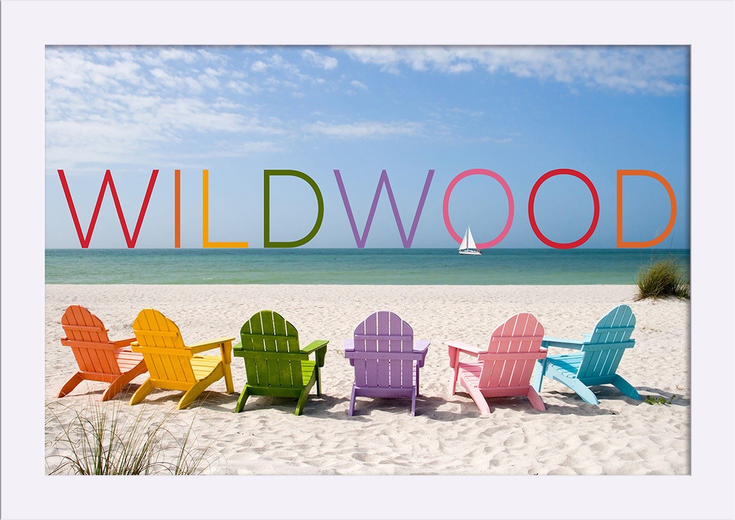 Wildwood NJ Colorful Beach Chairs Art Print - 12x18 Giclee Fine Art with Recycled Wood Frame in White - Perfect for Coastal Home Decor & Beach House Wall Art