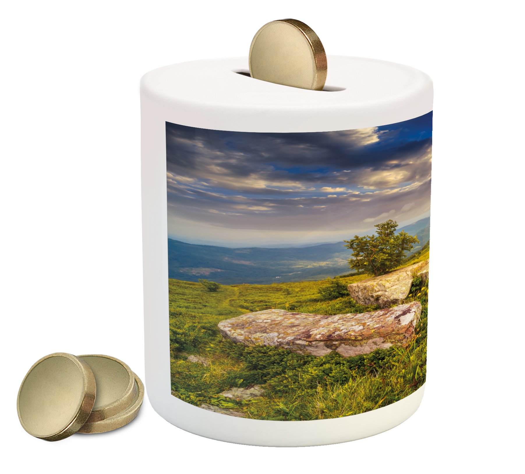 Ambesonne Ceramic Piggy Bank - Mountain Landscape with Tree, Boulders & Meadow - Green, Yellow, Blue Money Box for Cash Savings | Perfect for Kids' Allowance, Coin Collection & Home Decor