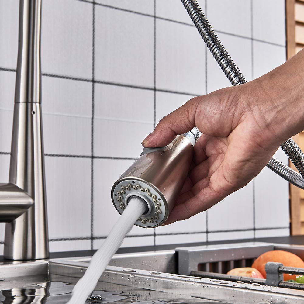 Brushed Nickel Pull-Out Sprayer Kitchen Faucet with Single Handle Mixer Tap, 360° Rotation for Hot & Cold Water, Ideal for Modern Sinks and Compact Kitchens