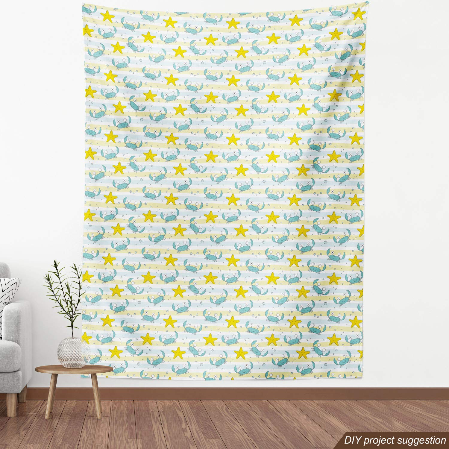 Ambesonne Marine Fabric by The Yard - Ocean Theme with Crabs, Starfish, Bubbles & Lines - Decorative Upholstery Fabric for Sofa, Curtains & Home Decor - 10 Yards Yellow Seafoam - Perfect for Coastal Living Rooms, Beach House Decor & Nautical Themed Bedrooms