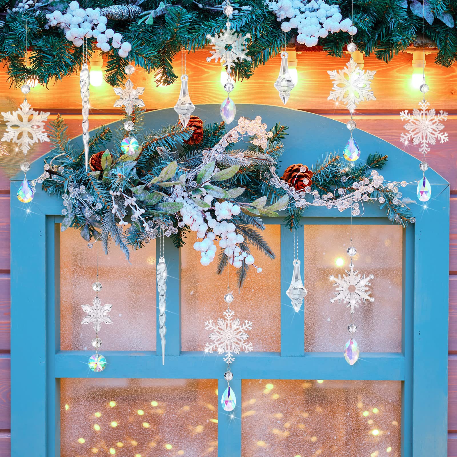 Christmas Snowflake Ornaments Set - Crystal Acrylic Hanging Decor with Silver Rope for Tree, Icicle Drops | Perfect for Holiday Home Decor, Xmas Party & Winter Wedding