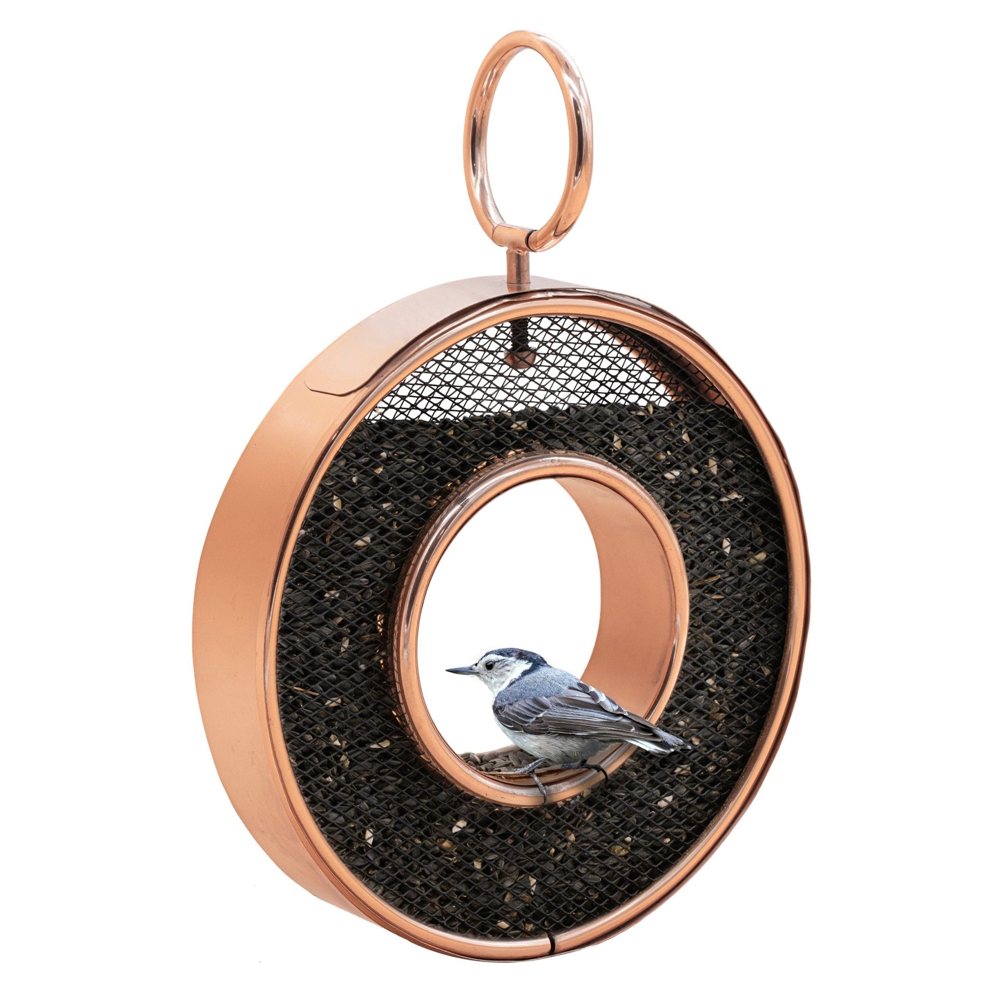 Premium Copper Circle Fly-Thru Bird Feeder with Mesh Panels - Durable Outdoor Garden Decor for Attracting Wild Birds (Ideal for Backyards, Patios & Nature Observation)