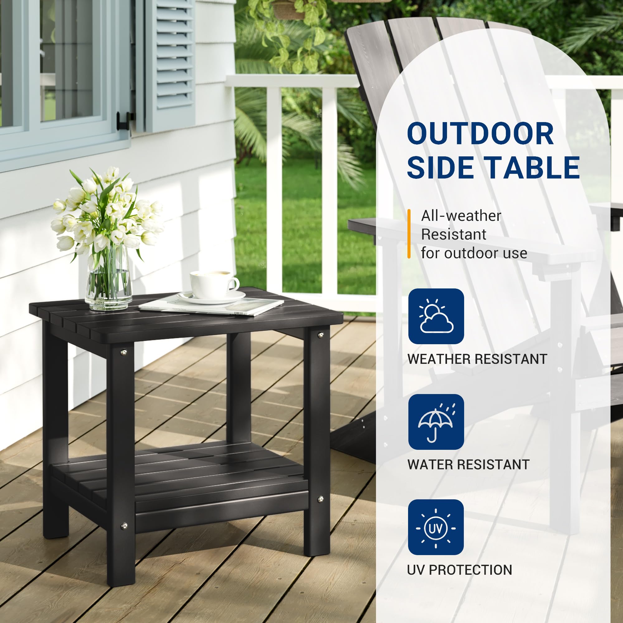 UDPATIO 2-Tier Side Table - 19x16x17.8 Inch Black Adirondack End Table for Indoor & Outdoor Use - Perfect for Patio, Deck, Living Room & Garden Decor