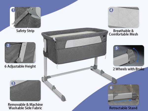 3 in 1 Baby Bassinet Bedside Sleeper - Adjustable 6-Position Crib with Comfort Mattress & Wheels | Portable Folding Bassinet for Newborns | Perfect for Nursery, Bedroom & Travel Use