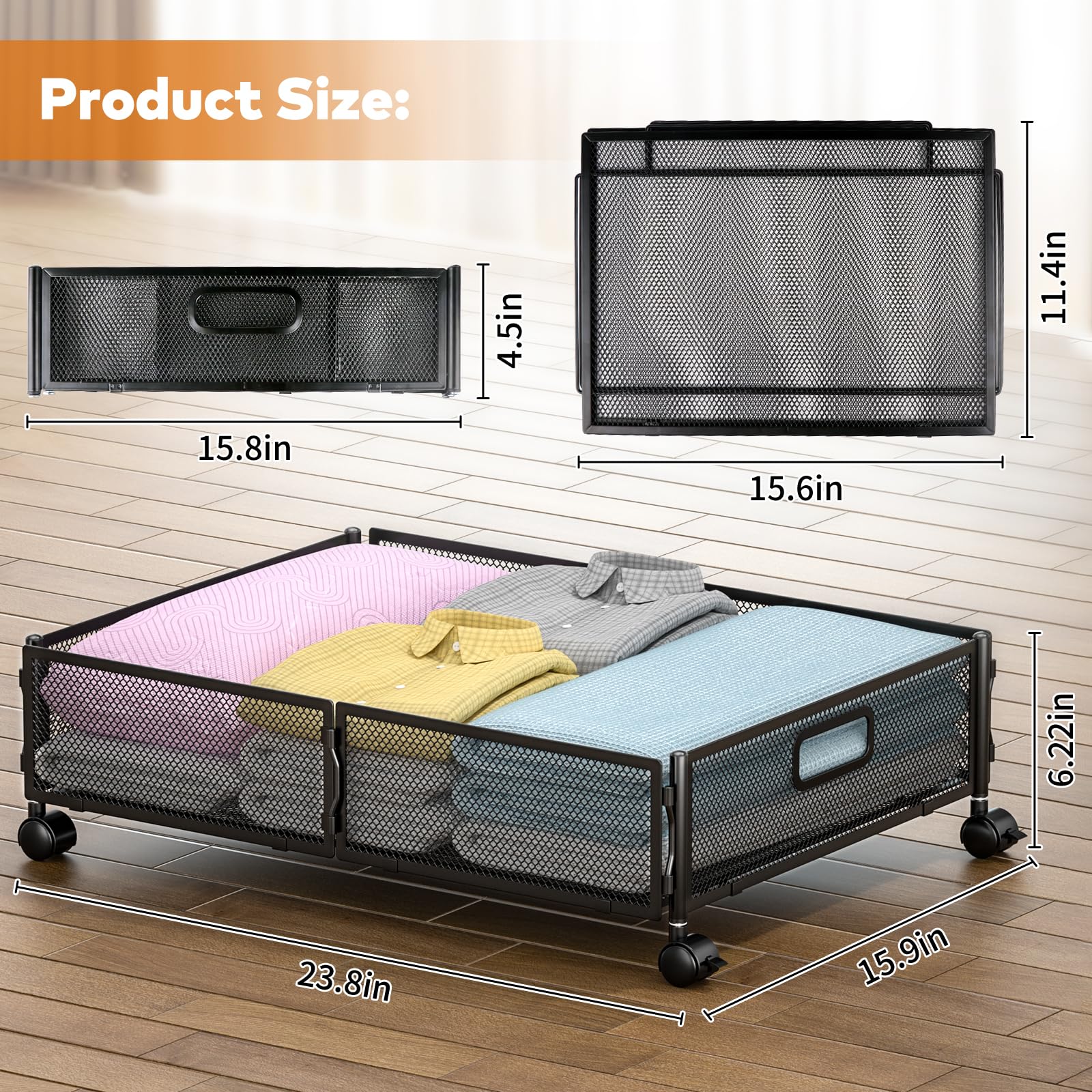 Under Bed Storage with Wheels - 2 Pack Rolling Under Bed Storage Containers for Shoes, Clothes & Blankets | Space Saving Bedroom Organizer for Seasonal Clothing & Extra Linens
