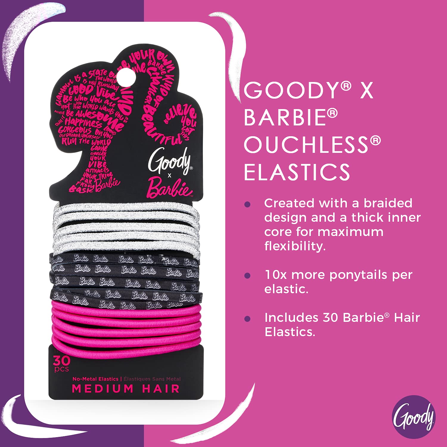 Barbie Hair Ties 30-Pack - Ouchless Elastics for All Hair Types - Perfect for Girls & School