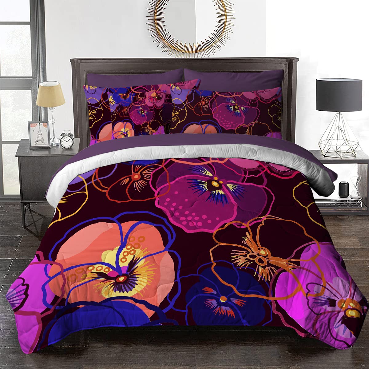 BlessLiving 8-Piece Watercolor Floral Comforter Set - Queen Size Soft Bedding with Rainbow Flower Design, Retro Style (1 Comforter, 2 Shams, 1 Flat Sheet, 1 Fitted Sheet, 2 Pillowcases, 1 Cushion Cover) - Perfect for Bedroom Decor, Guest Room & Cozy Home Styling