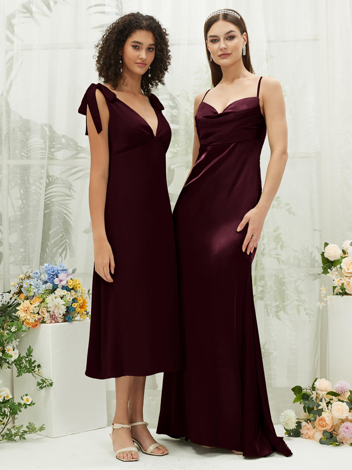 Elegant Cabernet Satin Cowl Neck Backless Long Bridesmaid Dress with Adjustable Straps - Perfect for Weddings, Formal Events & Evening Parties