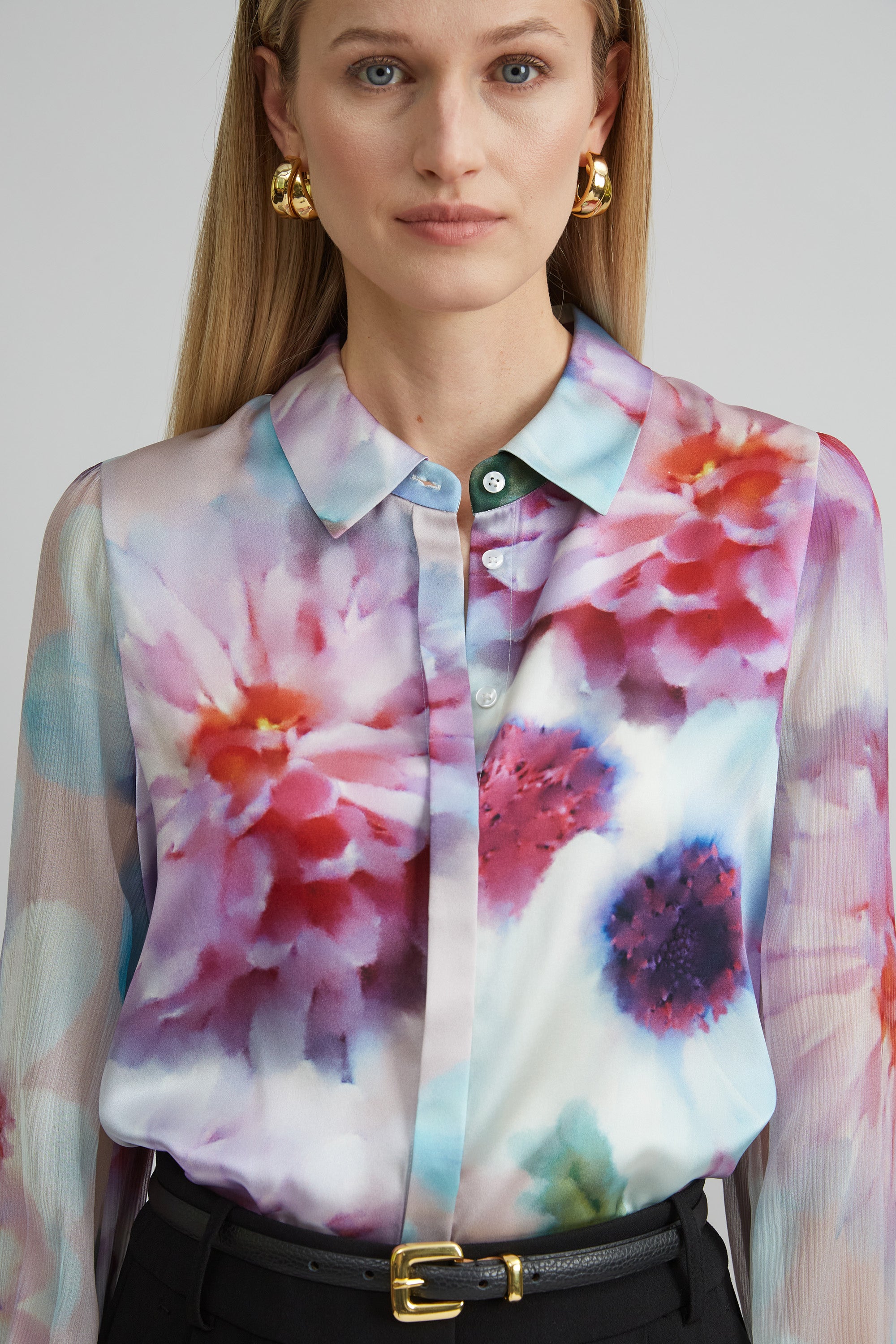 Stylish Mixed Media Silk Floral Shirt for Women - Elegant Blouse with Floral Print for Casual Wear, Office & Special Occasions