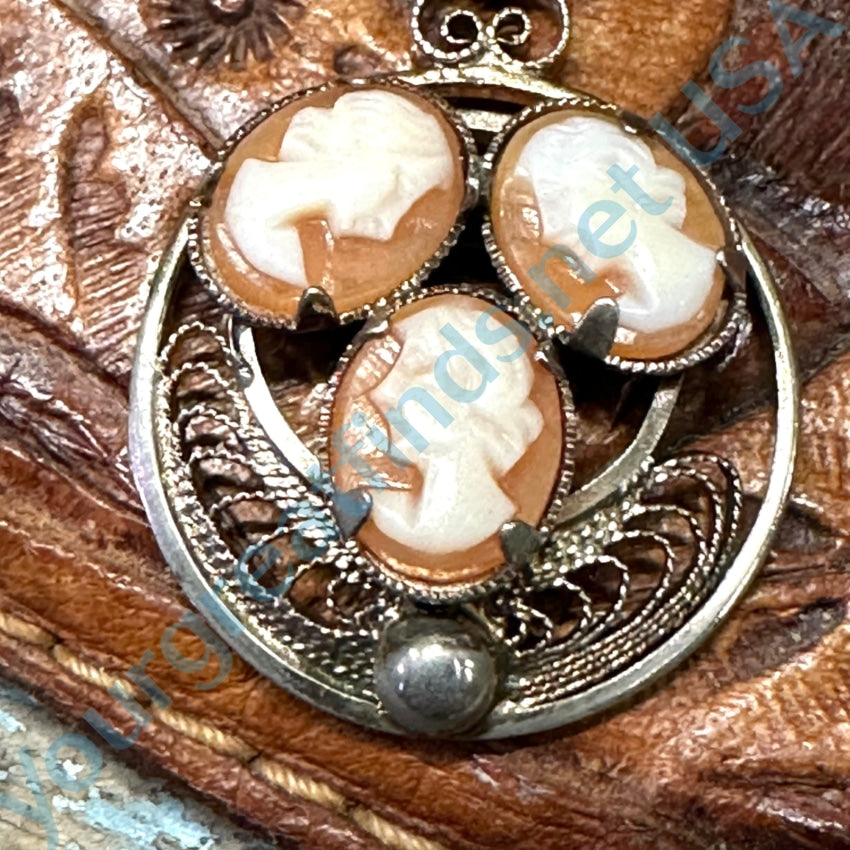 Vintage 1970s Carved Shell Triple Cameo Pendant Necklace - Antique Jewelry for Women, Unique Gift for Her - Perfect for Weddings, Anniversaries & Special Occasions