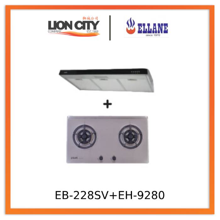 Ellane 60cm/90cm Slimline Range Hood with Black Glass Panel EH 9280 + Ellane EB 228SV 75cm 2 Burner Stainless Steel Cooktop - Perfect for Modern Kitchens and Open-Plan Living Spaces