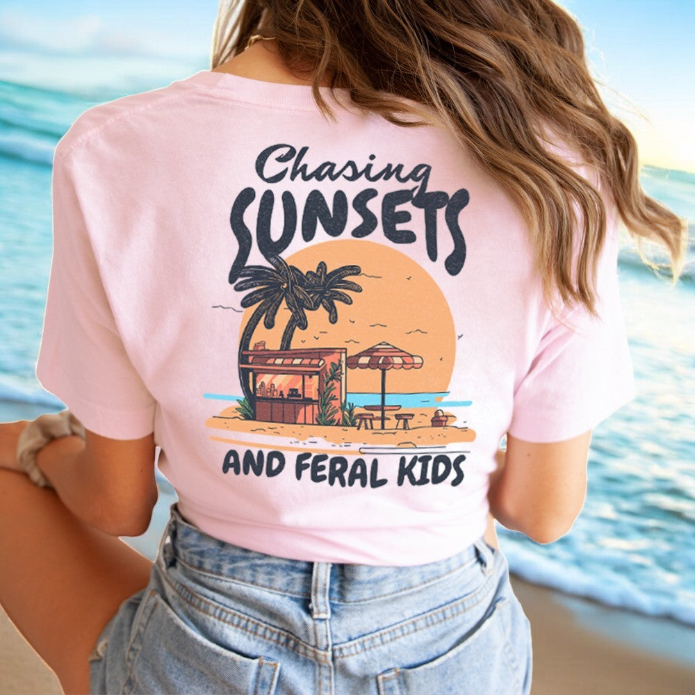 Chasing Sunsets & Feral Kids Graphic Back Print T-Shirt - Trendy Vintage Style Tee for Casual Wear, Street Fashion, and Outdoor Adventures