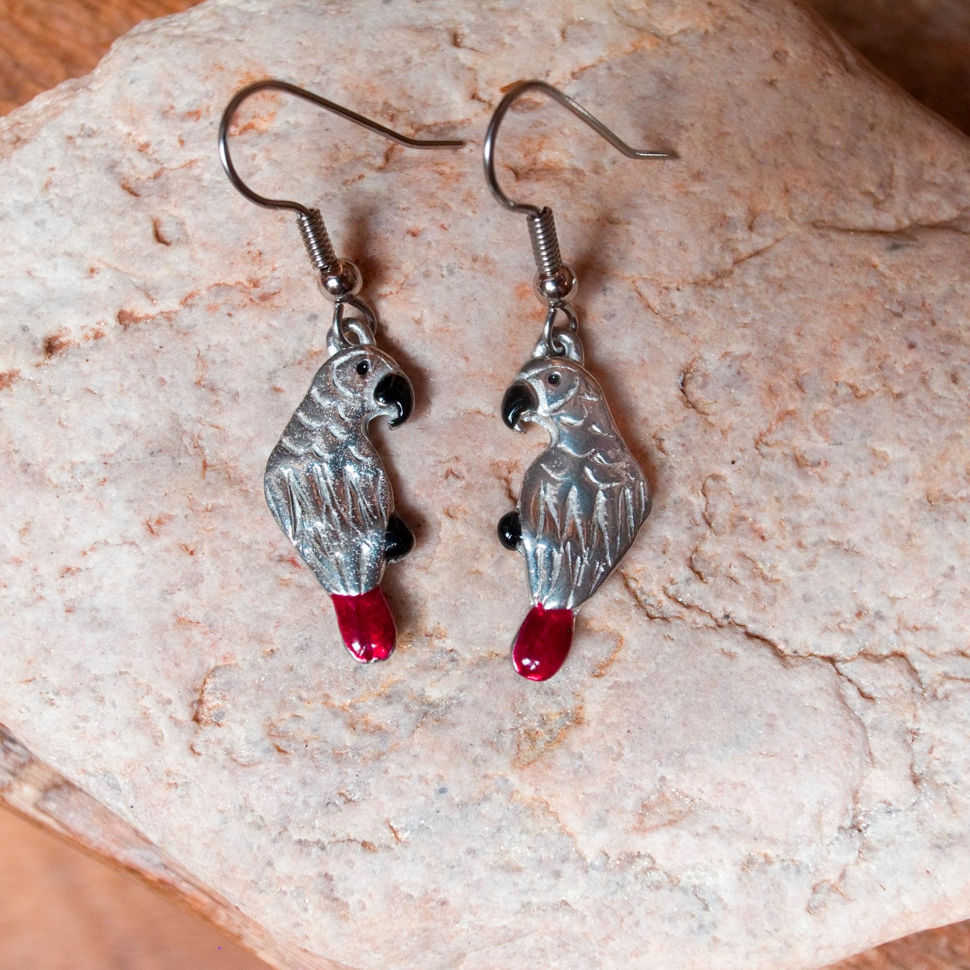 Handmade Pewter & Enamel Parrot Dangle Earrings for Women | USA Crafted Jewelry | Unique Gift for Bird Lovers | Lightweight Hook Earrings | Perfect for Tropical Parties & Animal-Themed Outfits