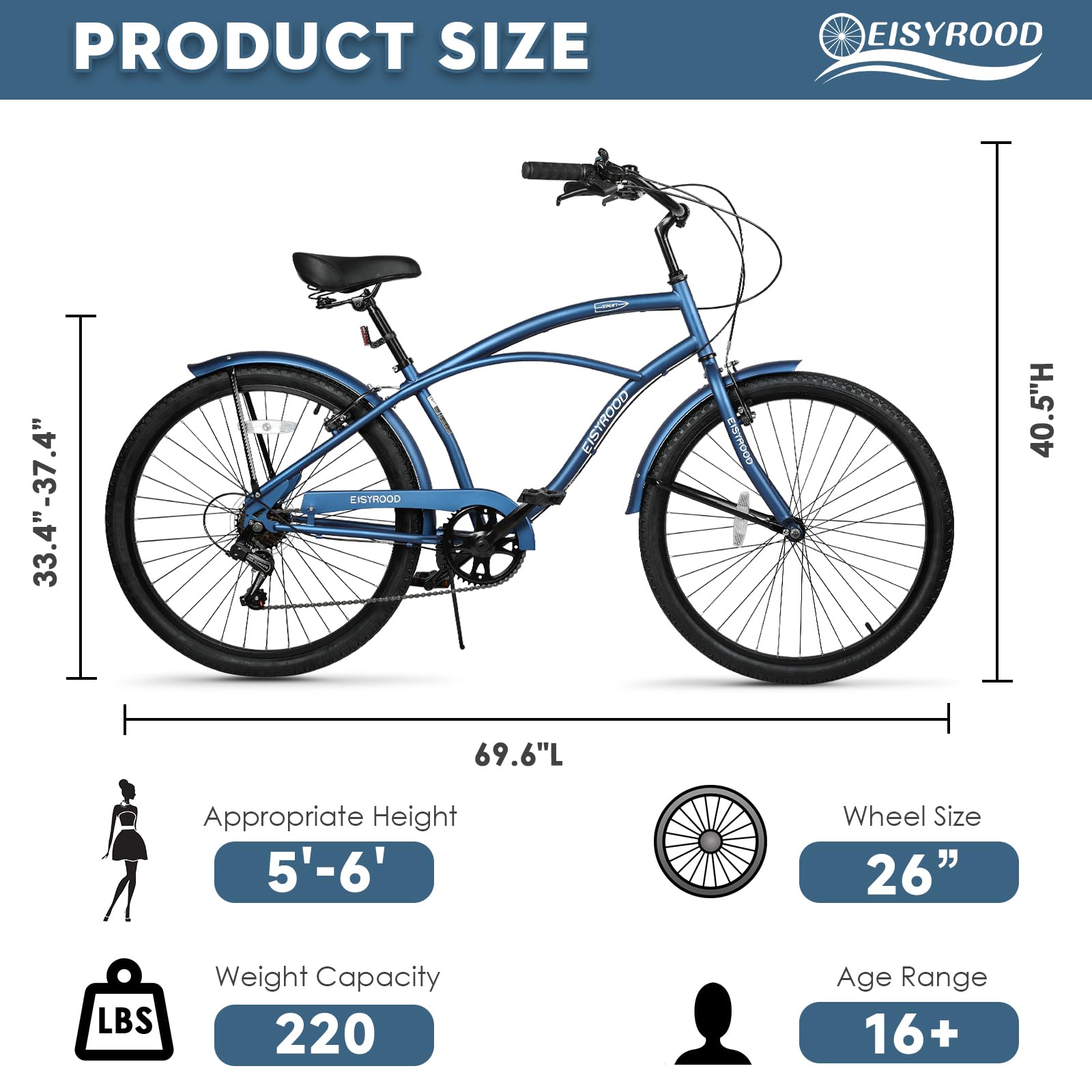 26 Inch Women's Beach Cruiser Bike - 7 Speed Hybrid Bicycle for Women & Men, Lightweight Frame with Anti-Skid Tires, Easy Assembly - Perfect for Coastal Rides, City Commuting & Leisure Cycling