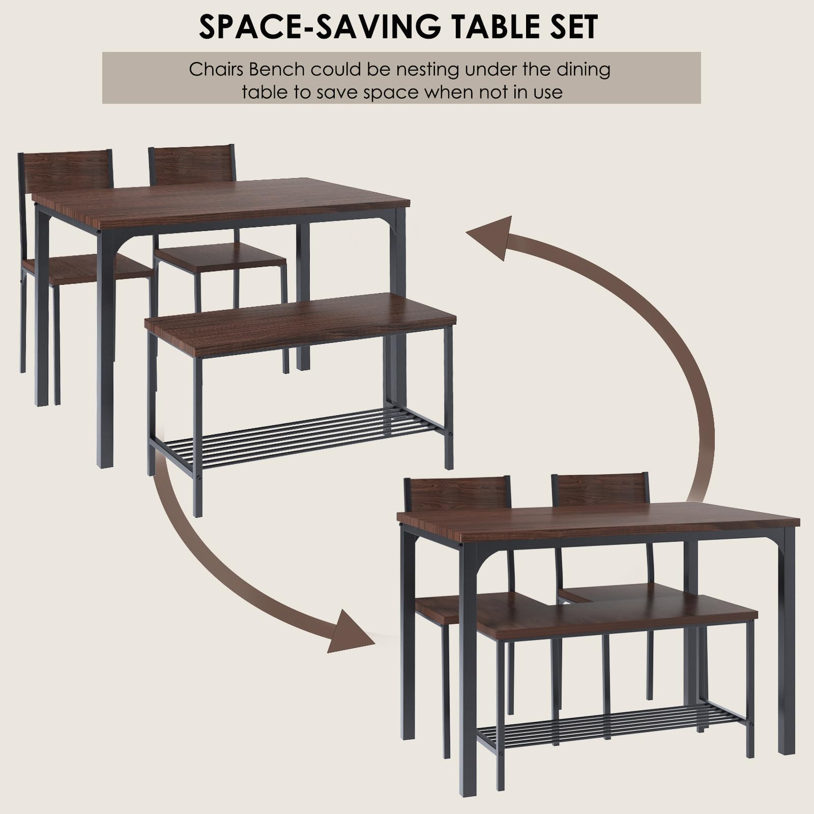 SogesHome 43.3 Inch Kitchen Dining Table Set for 4 with 2 Chairs and Bench - Space Saving Small Apartment Furniture Set for Kitchen, Restaurant, Coffee Shop - Dark Brown Wood Finish - Perfect for Breakfast Nook, Small Dining Room, and Compact Spaces