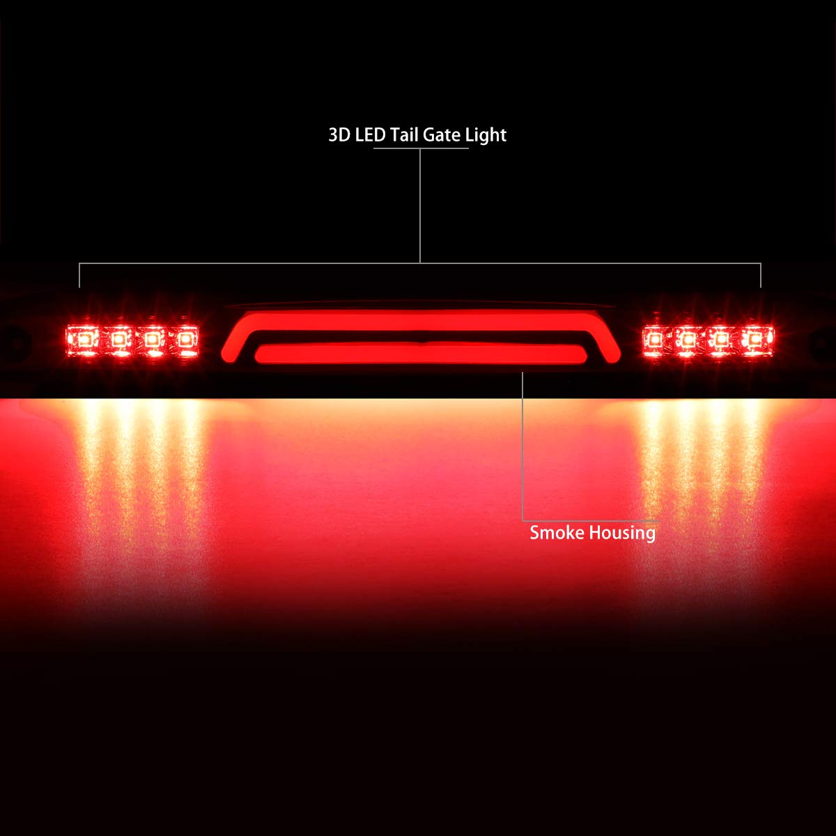 DNA Motoring TGL-DRAM03 3D LED Tailgate Brake Light - Red Smoked Lens, Universal Fit for Trucks & SUVs, High Visibility Safety Lamp for Night Driving & Off-Road Adventures